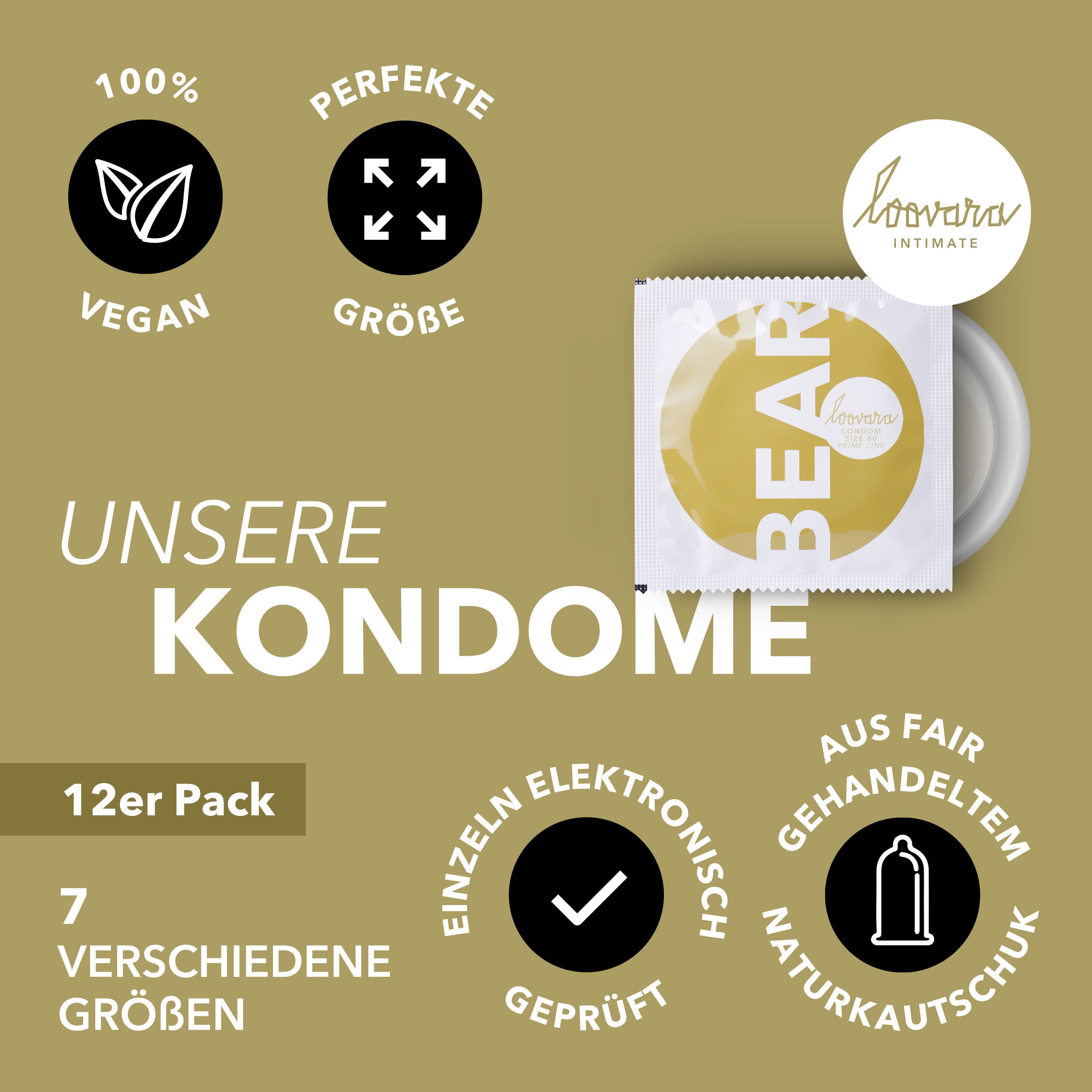 Préservatifs Loovara: Pack de 12, 7 tailles, vegan, testé électroniquement.