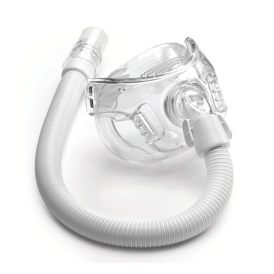 Masque CPAP Philips Amara View avec tuyau : masque respiratoire transparent avec tuyau flexible et connecteur.