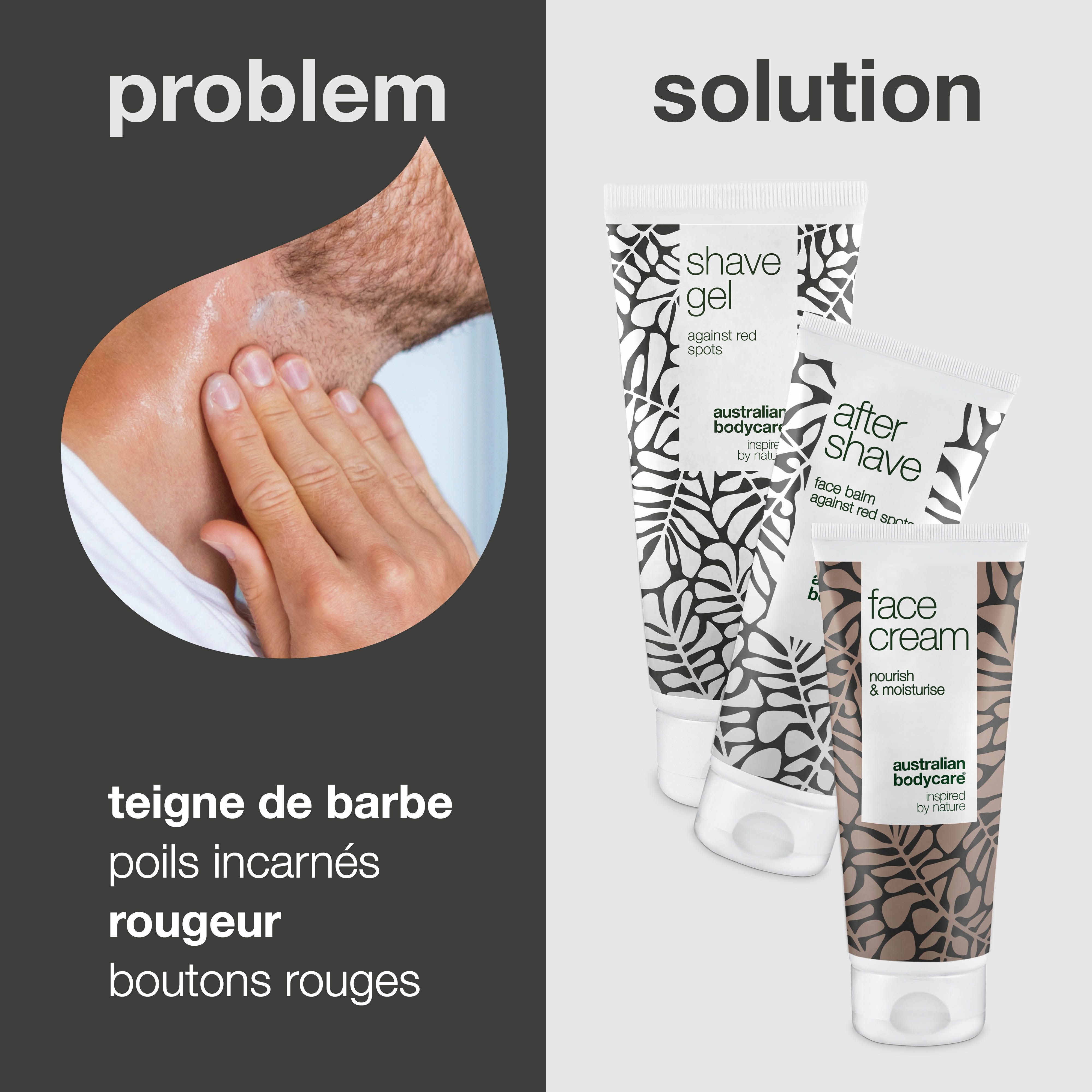 Comparaison : problème et solution. À gauche : homme touchant son cou. À droite : 3 tubes. Inscriptions : Shave Gel, After Shave, Face Cream.