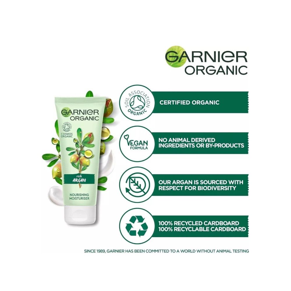 Crèmetube met Garnier Organic logo, argan-motief en certificeringen. Vegan, biologisch, recyclebare verpakking.