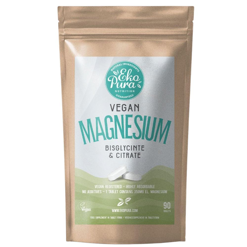 Bruine verpakking met wit etiket. Op het etiket staat "Vegan Magnesium". Met logo en tekst.