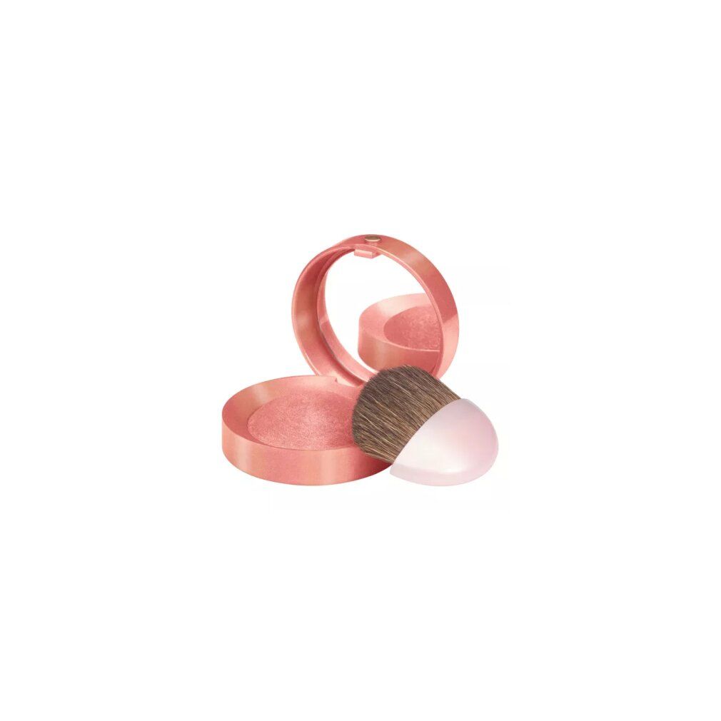 Blush-doosje open met spiegel en kwastje. Roze poeder met lichte glans.