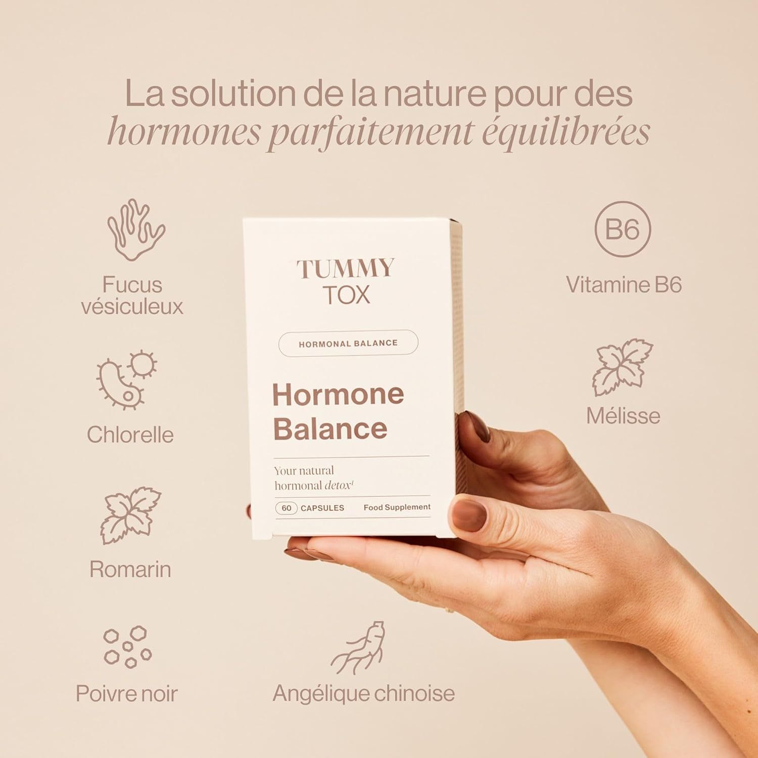 Boîte Tummy Tox Hormone Balance avec liste des ingrédients.