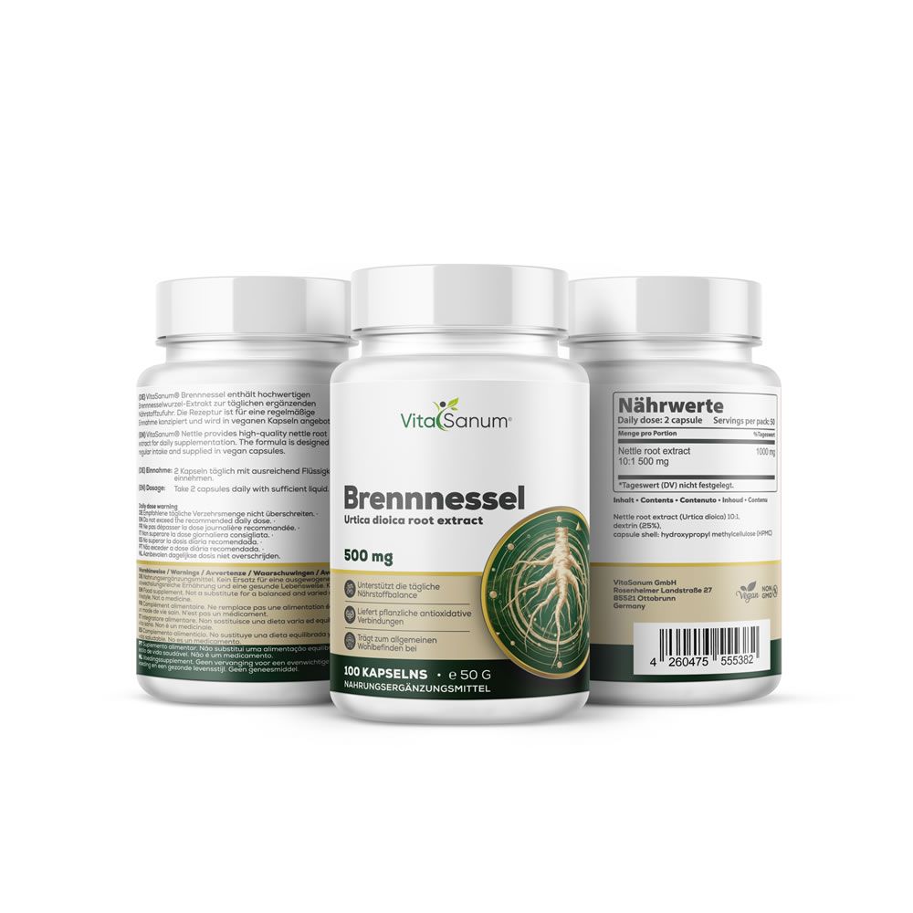 Drie witte potten. Middenpot: VitaSanum Brennnessel 500 mg. Wortel illustratie. 100 capsules.