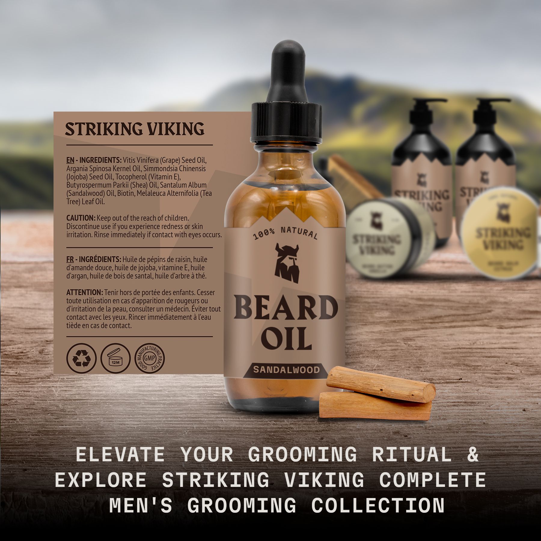 Huile à barbe Striking Viking Bois de Santal en flacon de verre avec pipette, sur table en bois avec d'autres produits.