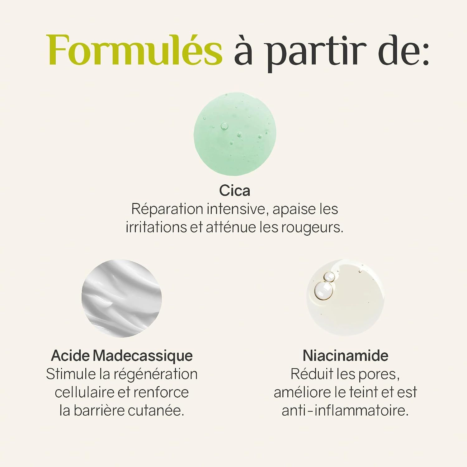 Trois représentations rondes d'ingrédients de soin de la peau : Cica, Acide Madecassique et Niacinamide.