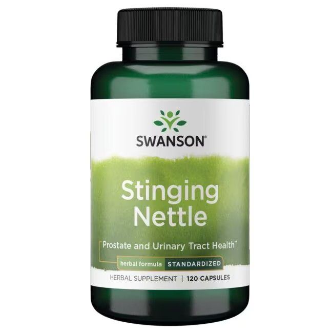 Flacon vert avec étiquette blanche. Inscription: SWANSON Stinging Nettle. 120 gélules. Supplément à base de plantes standardisé.