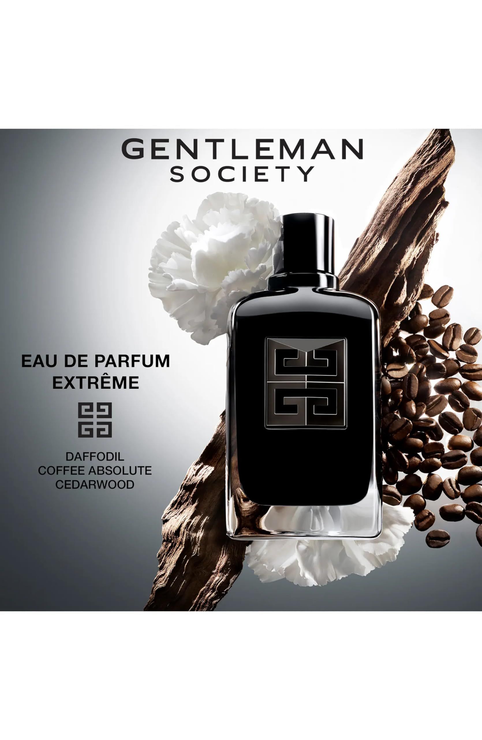 Zwarte fles met logo. Opschrift: GENTLEMAN SOCIETY, Eau de Parfum Extreme. Met koffiebonen en hout.