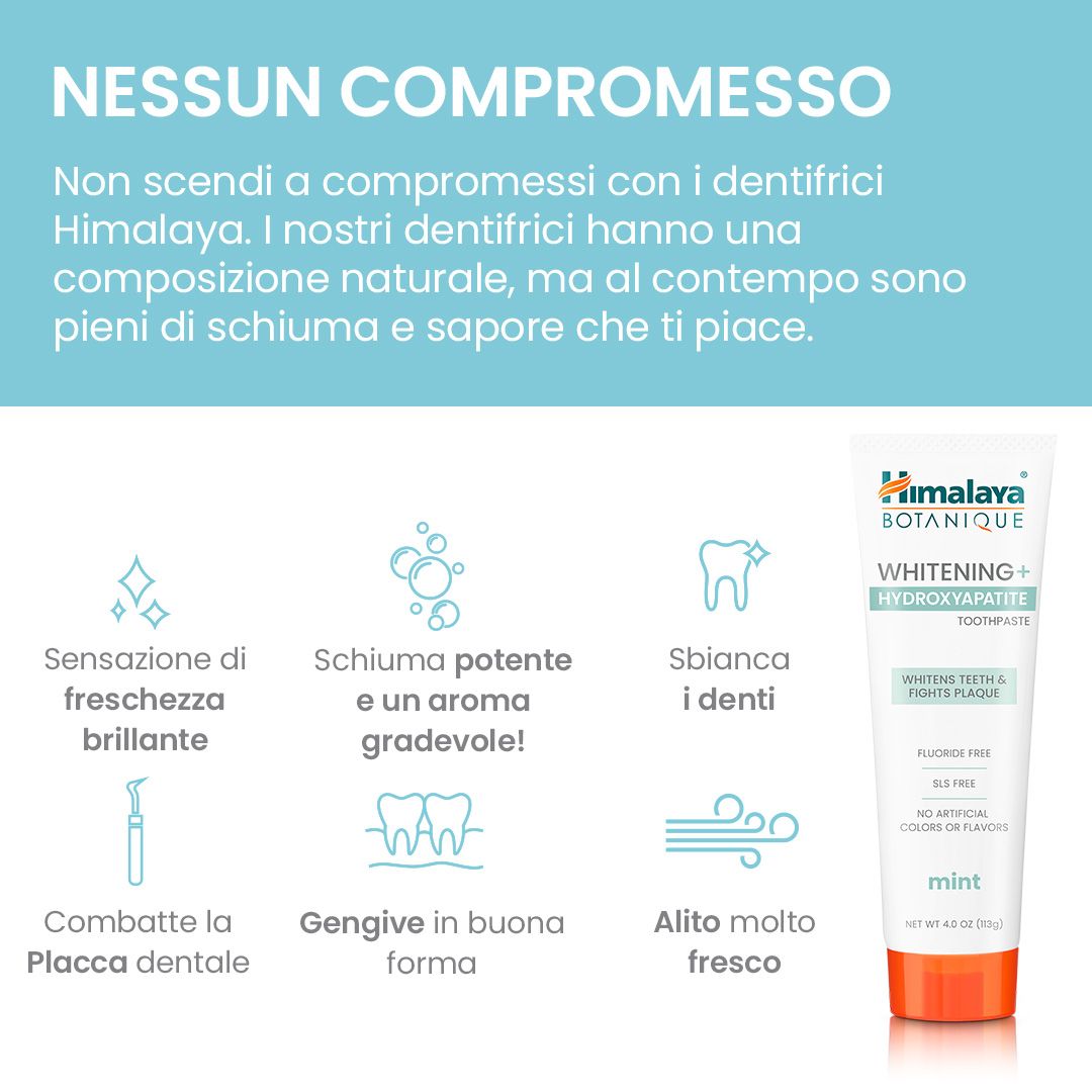 Himalaya Botanique Whitening tandpasta met iconen voor frisheid, schuim, witter maken, tandplak, tandvlees, adem.