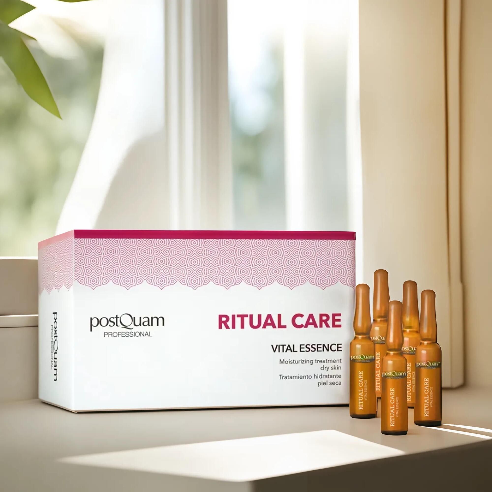 PostQuam Vital Essence. Boîte et ampoules sur rebord de fenêtre. Inscription: Ritual Care, Vital Essence, Moisturizing treatment dry skin.