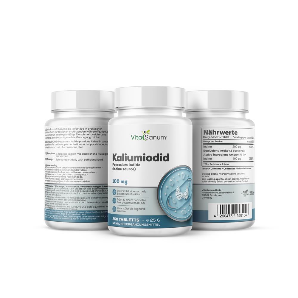 Drie flessen 'VitaSanum Kaliumiodid'. Opschrift: 250 tabletten. Achterkant met voedingswaarde en ingrediënten.