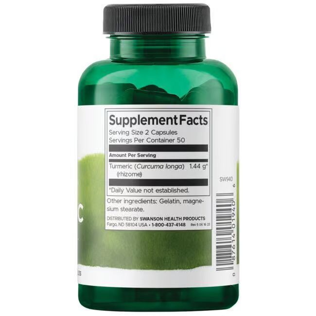 Groene fles met zwarte dop. Etiket met productinformatie: Swanson Kurkuma 720 mg, ingrediënten, dosering.