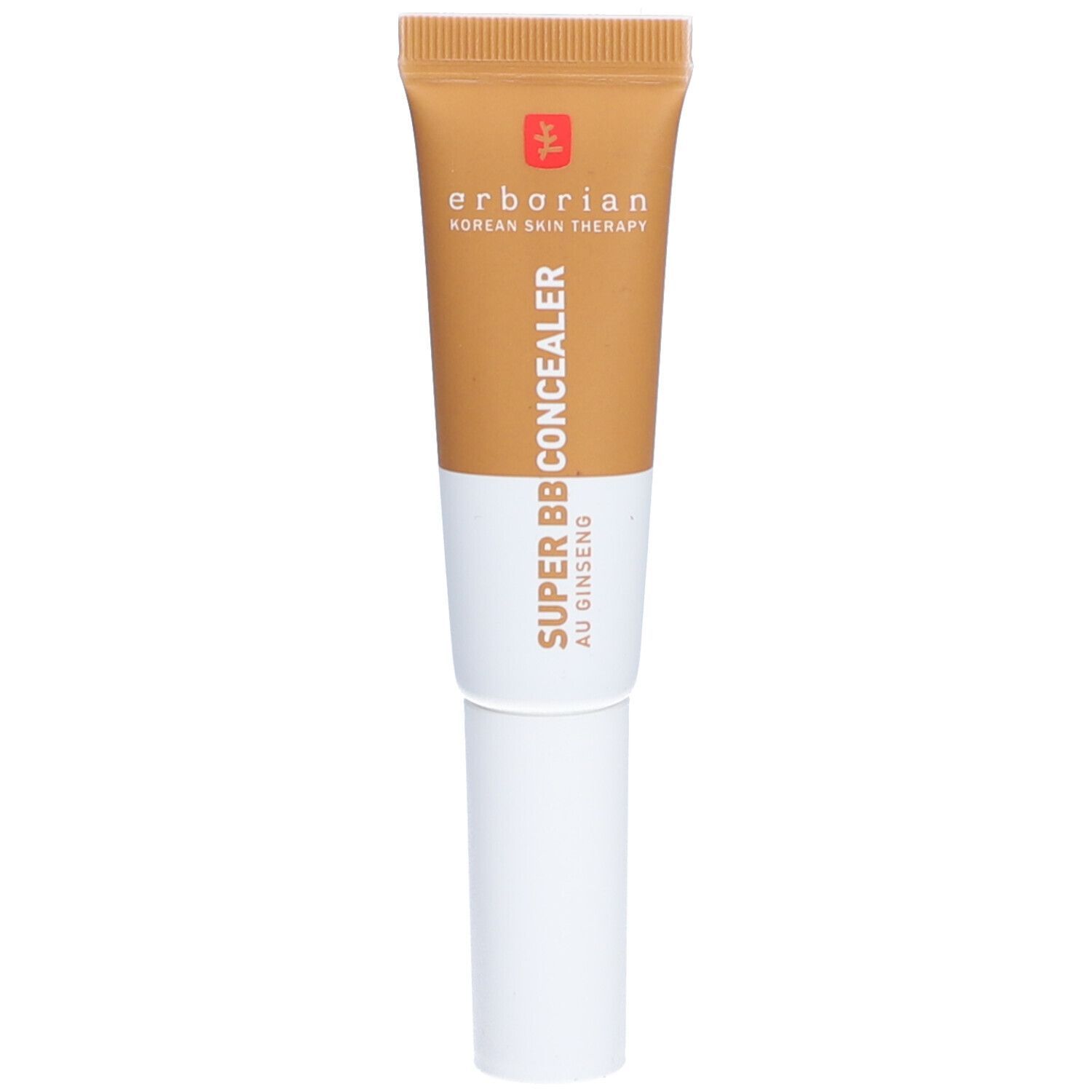 Tube beige et blanc. Inscription: SUPER BB CONCEALER, KARAMELL. Marque: Erborian.