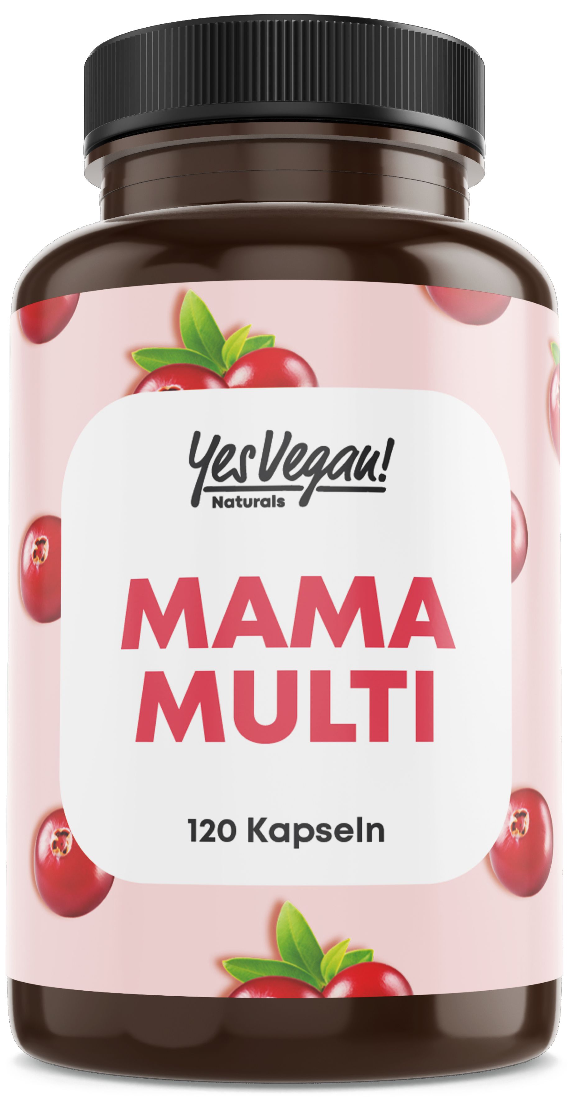 Flacon marron de gélules. Inscription: Yes Vegan Naturals Mama Multi. 120 gélules. Fond rose avec des cerises.