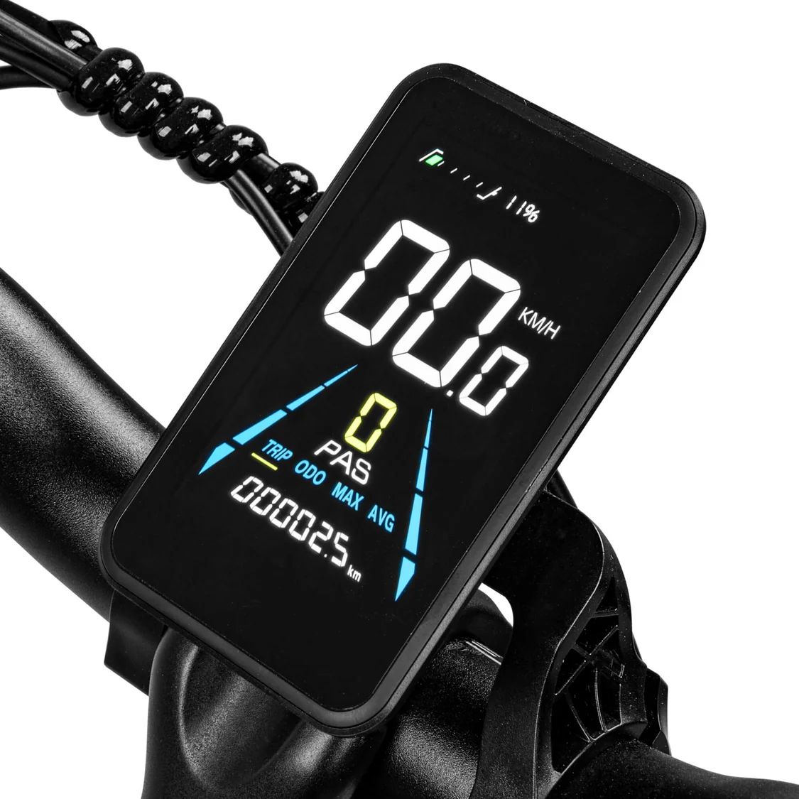 Digitaal display van de elektrische fiets. Toont snelheid, kilometers, batterij-indicator en andere info.