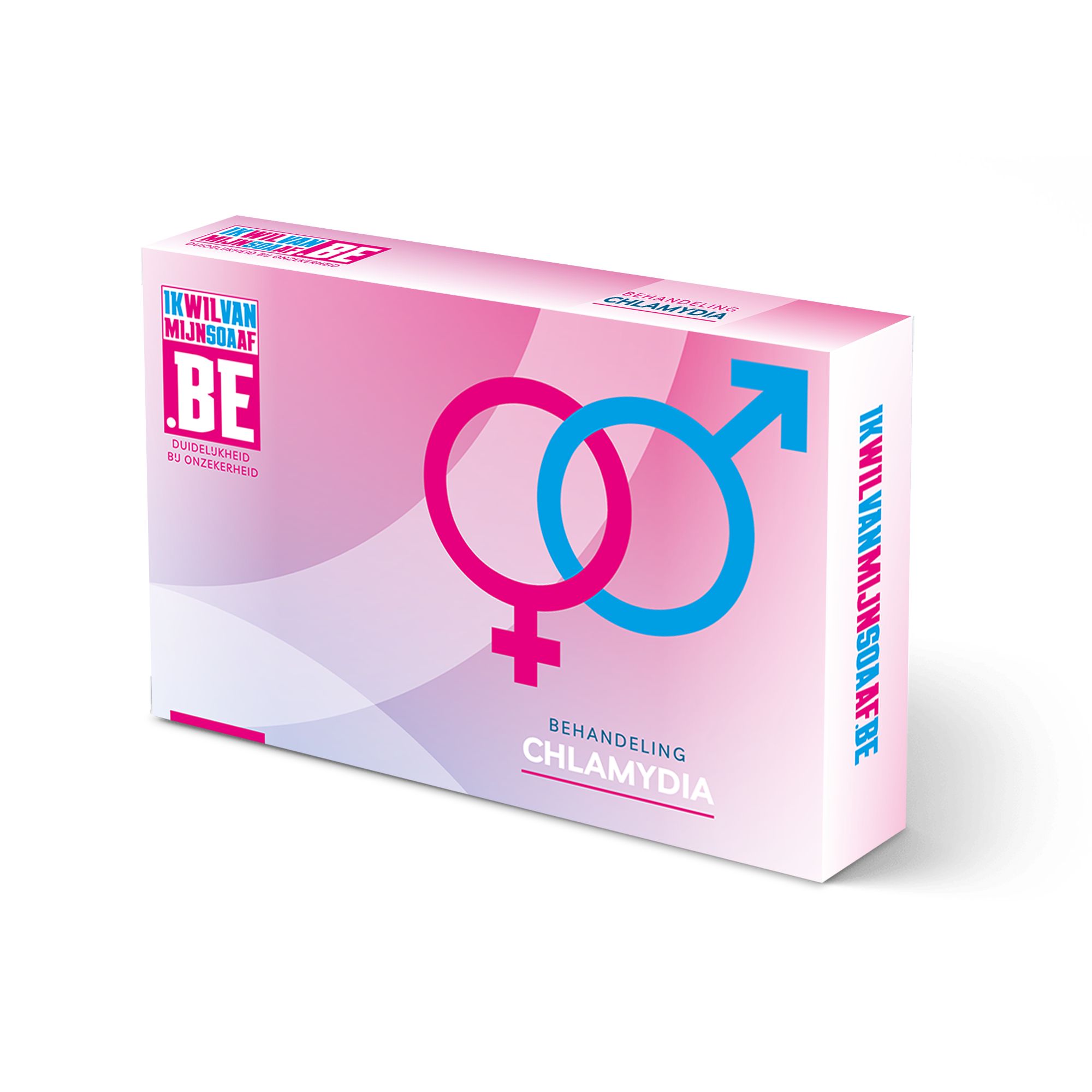Boîte rose, symboles homme et femme. Texte : Traitement Chlamydia. Logo : Ik wil van mijn soa af.