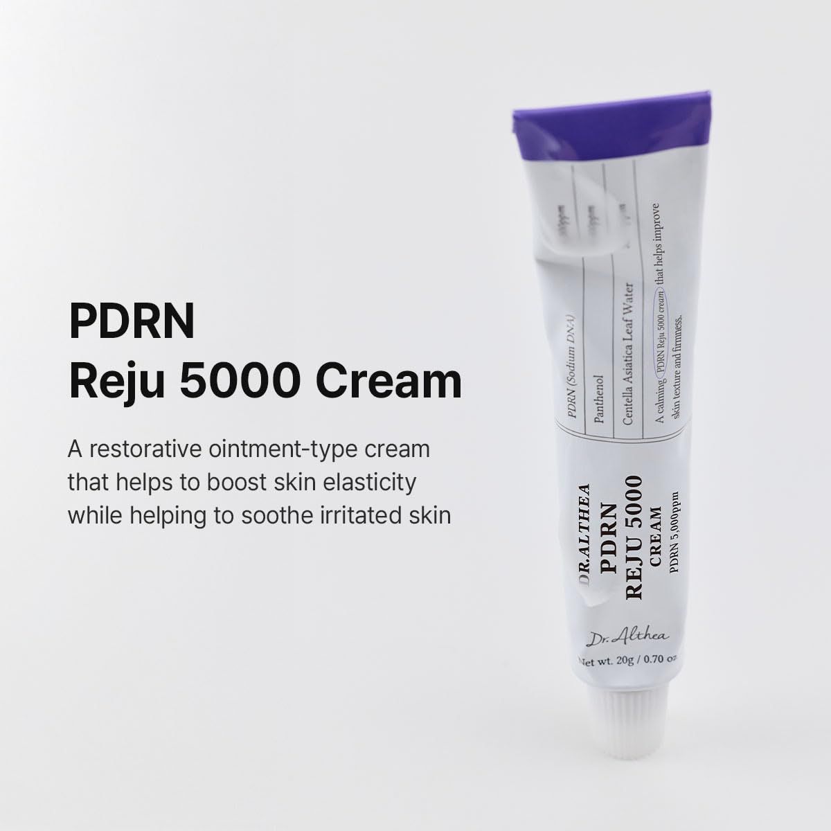 Tube de crème violette. Inscription: Dr. Althea PDRN Reju 5000 Creme. Texte: PDRN Reju 5000 Creme.