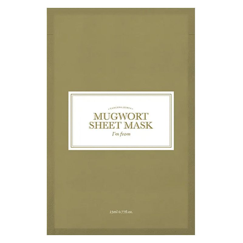 Emballage vert avec étiquette blanche. Inscription : MUGWORT SHEET MASK, i'm from. En bas : 23ml 0.77 fl.oz.