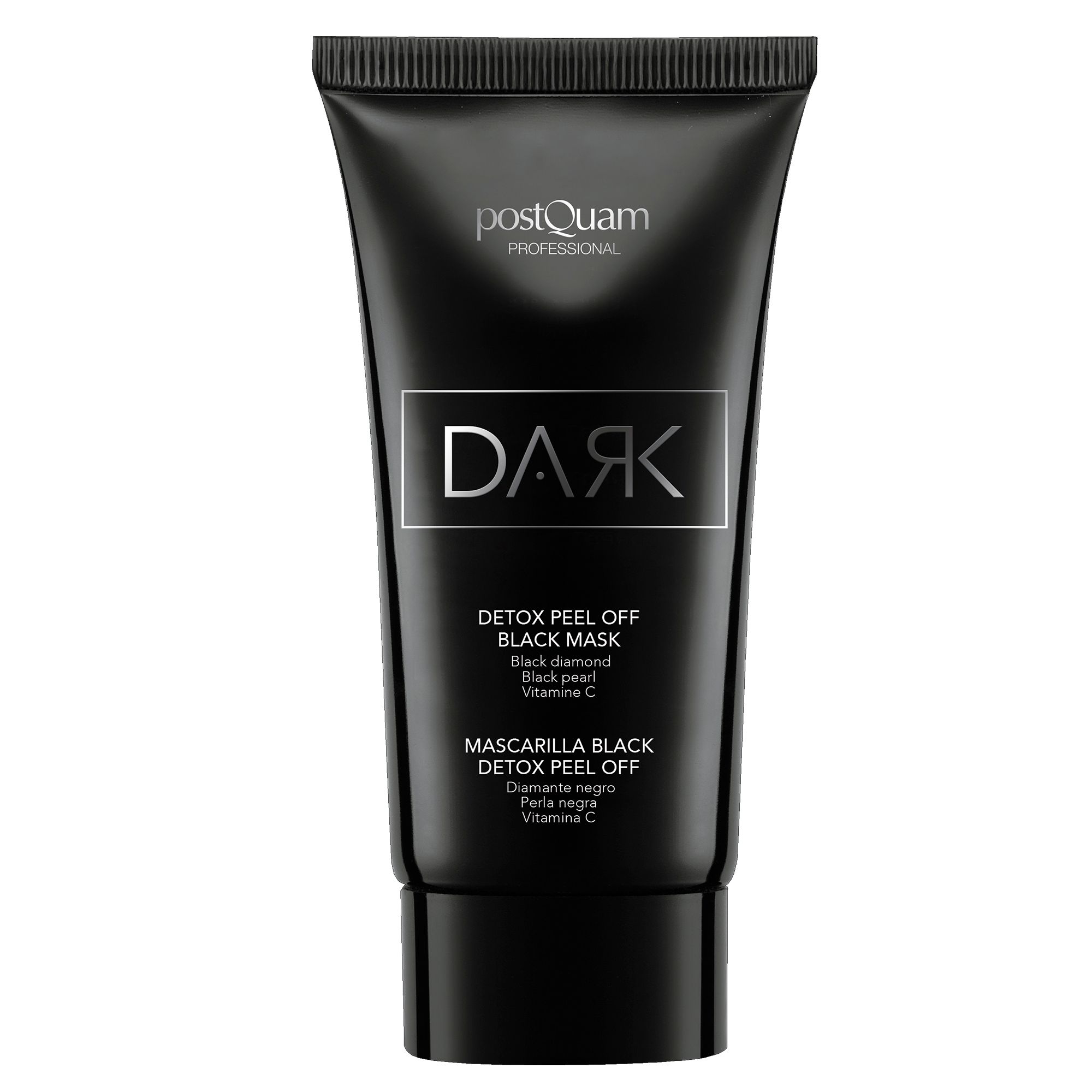 Tube noire "DARK Detox Peel Off Black Mask". Marque Postquam Professional. Fond blanc.
