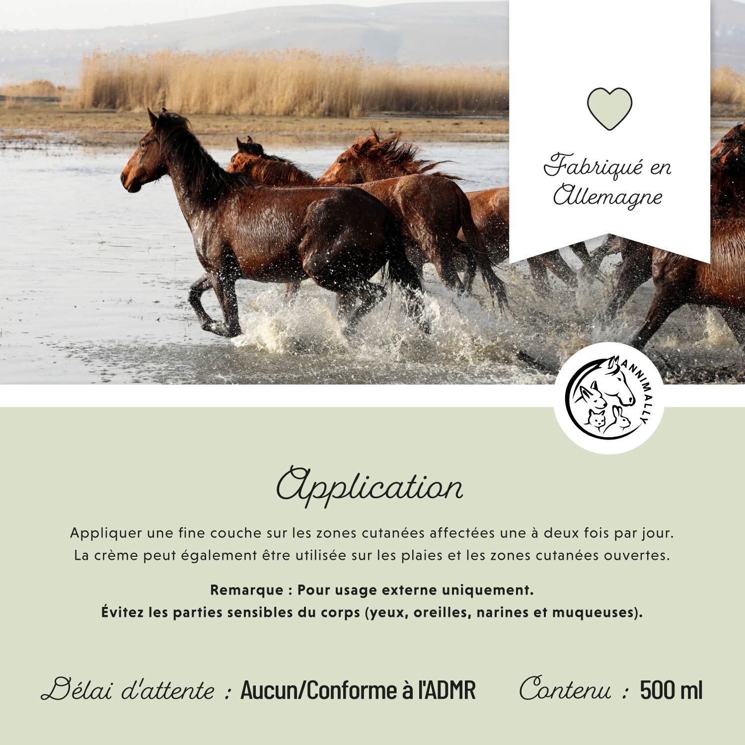 Chevaux dans l'eau. Texte sur fond vert. Texte : Instructions d'utilisation. Contenu : 500 ml. Fabriqué en Allemagne.