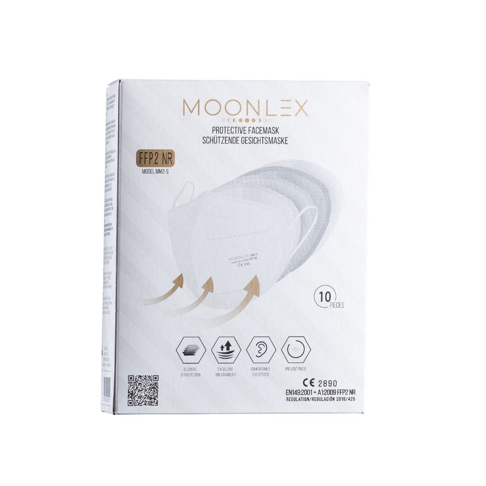 Boîte de masques FFP2 Moonlex. Carton blanc avec image du produit et logo. Contient 10 masques. Certification CE.