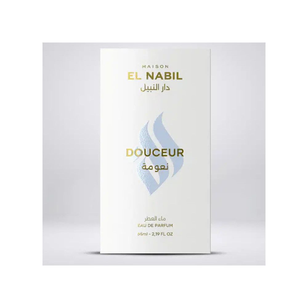 Witte parfumverpakking met gouden tekst en blauw vlammotief. Bevat 'DOUCEUR' en Arabische tekst.