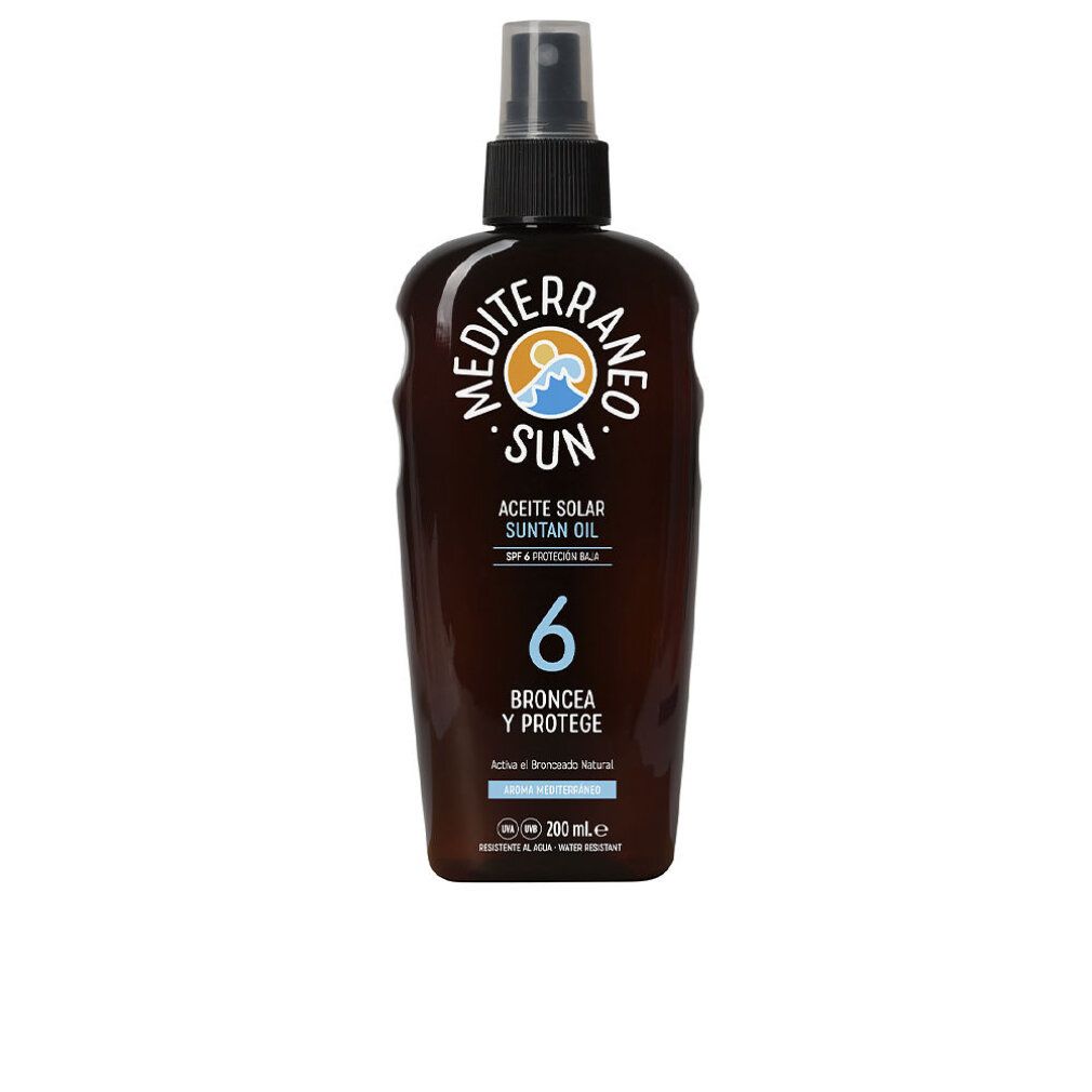 Bruine fles met verstuiver. Opschrift: Mediterraneo Sun, Aceite Solar Suntan Oil, 6, Broncea y Protege. SPF 6.