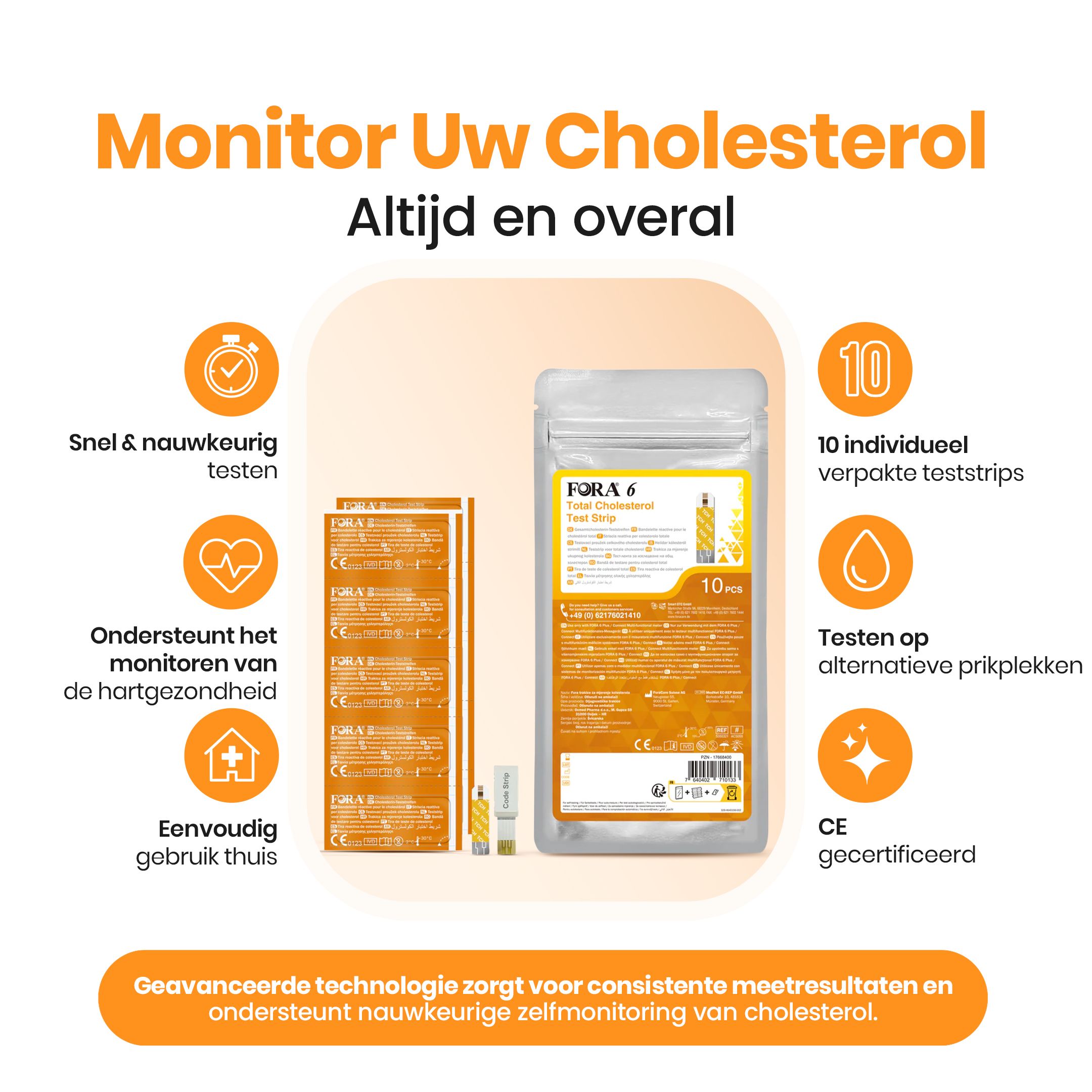 Productverpakking met 10 individuele strips. Grafieken voordelen en CE-certificering.