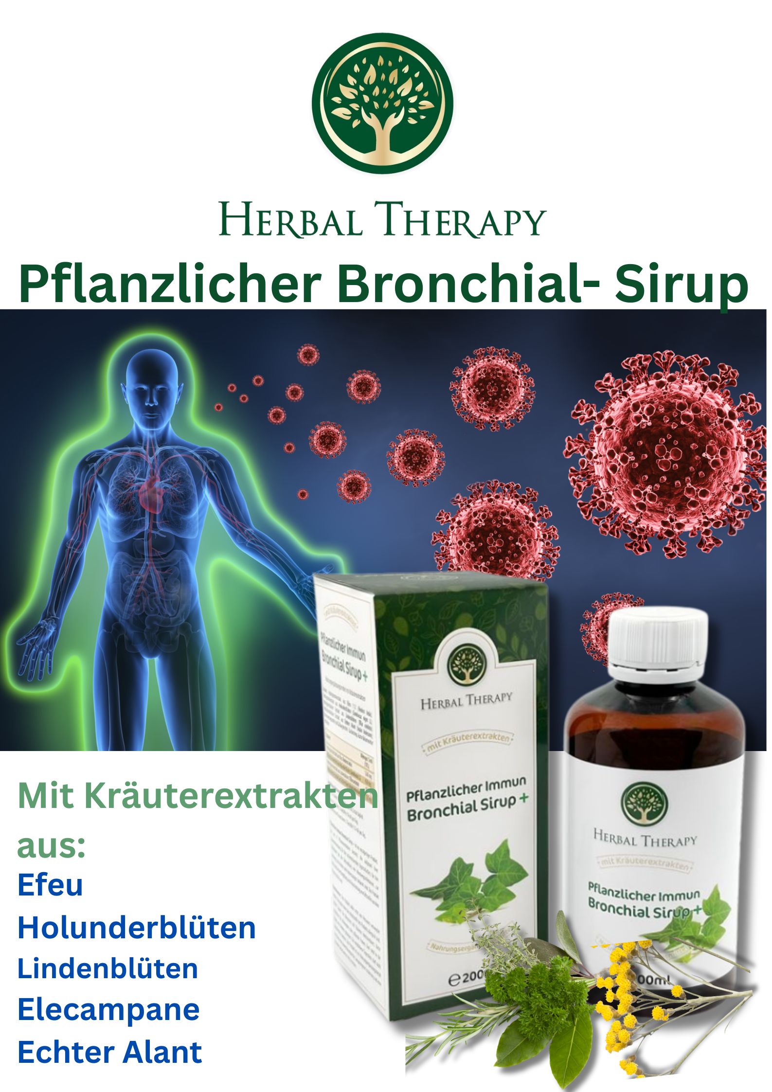Reclameposter met Herbal Therapy. Plantaardige Bronchial- Siroop. Fles en verpakking. Met kruidenextracten. Blauwe achtergrond.