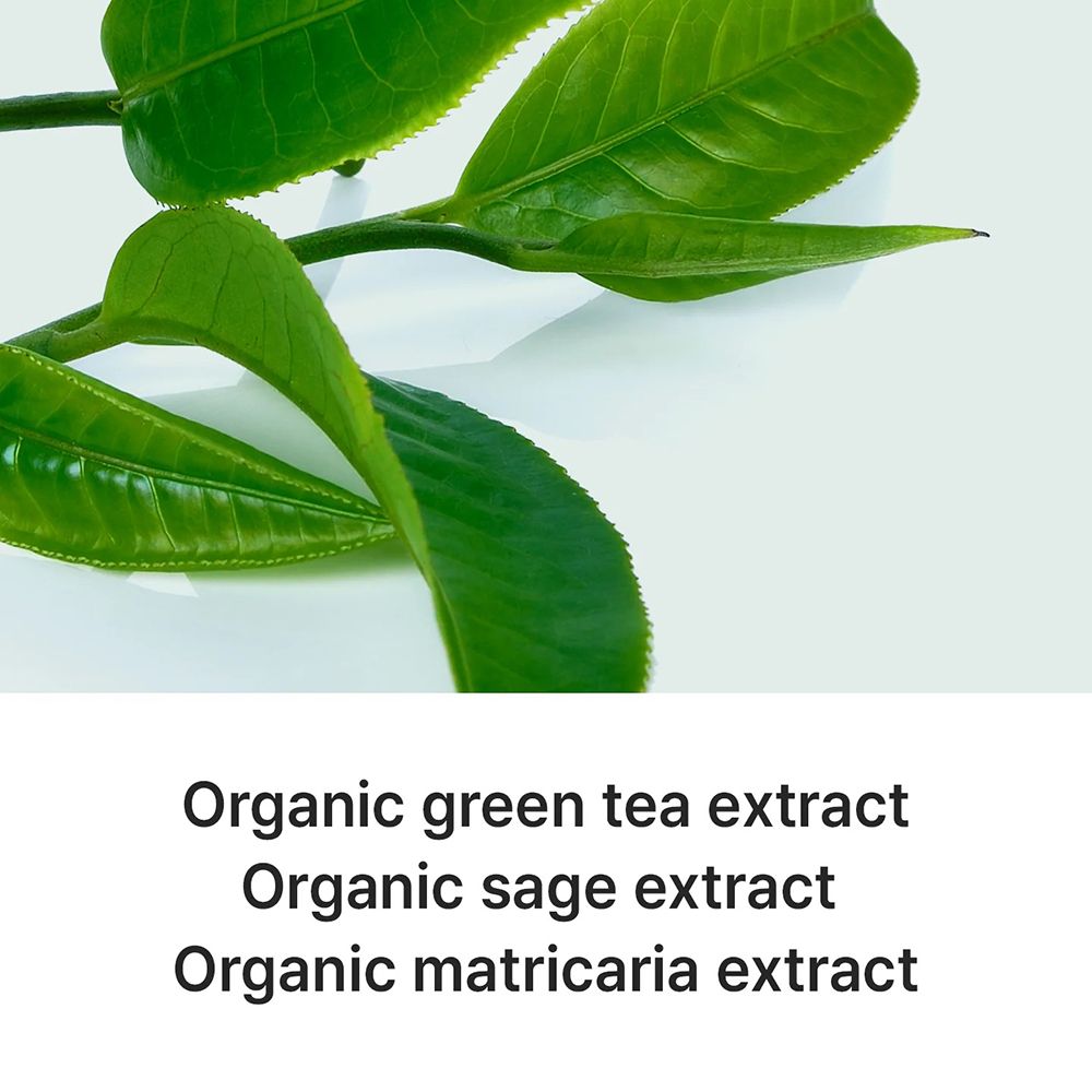 Groene bladeren met tekst: "Organic green tea extract, Organic sage extract, Organic matricaria extract".