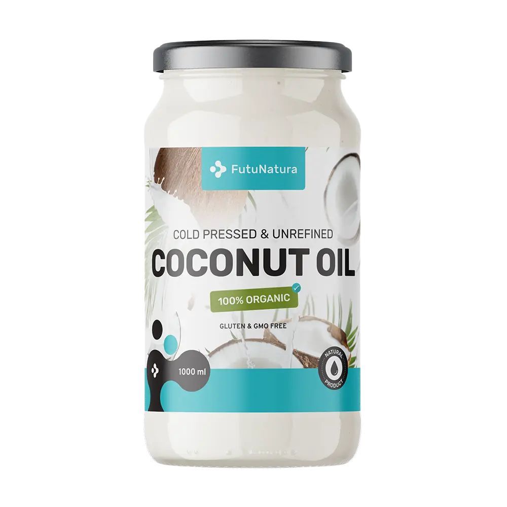 Pot kokosolie. Opschrift: COCONUT OIL, 100% ORGANIC, glutenvrij & GGO-vrij. Merk: FutuNatura.
