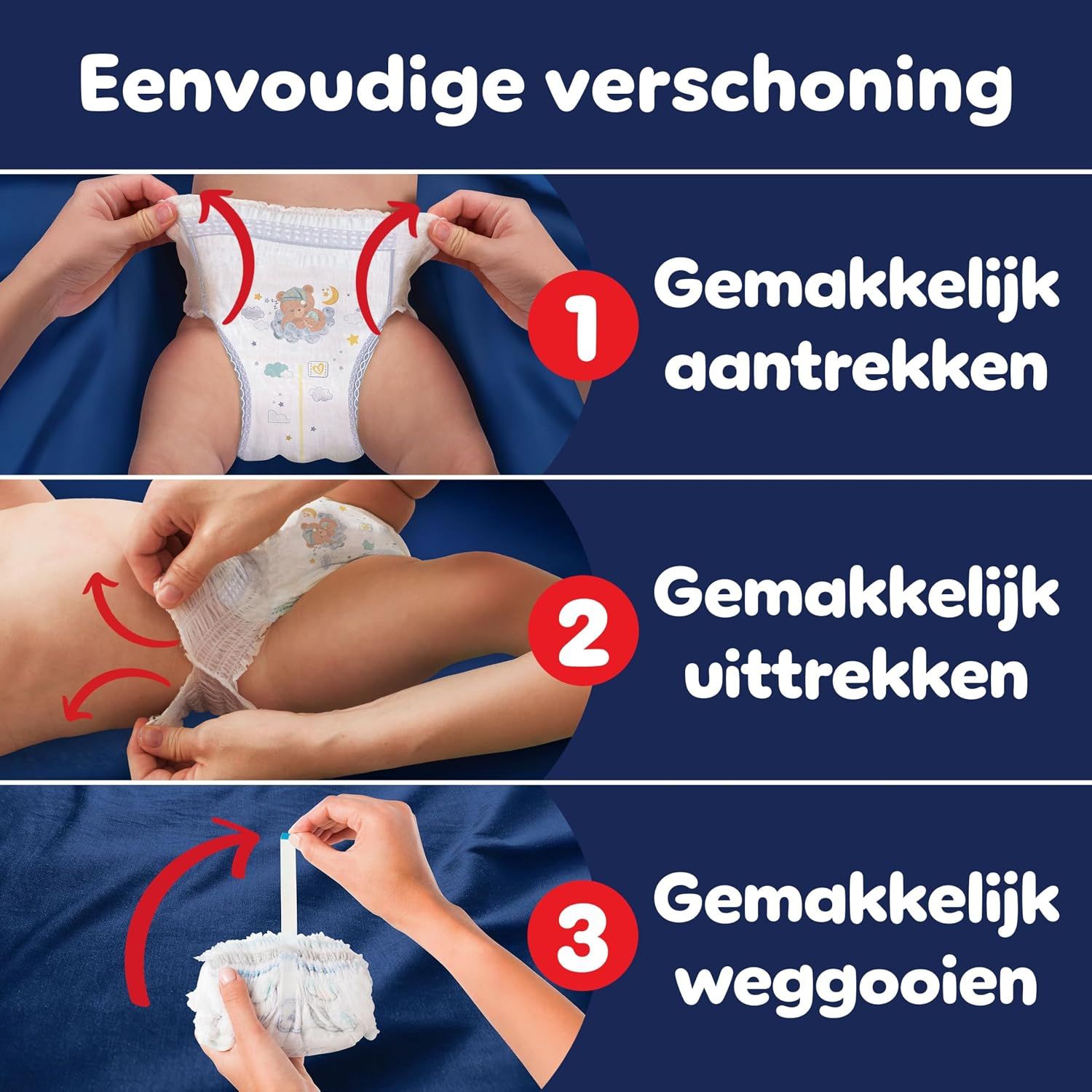 Eenvoudige bediening van Pampers Baby-Dry Night Pants.