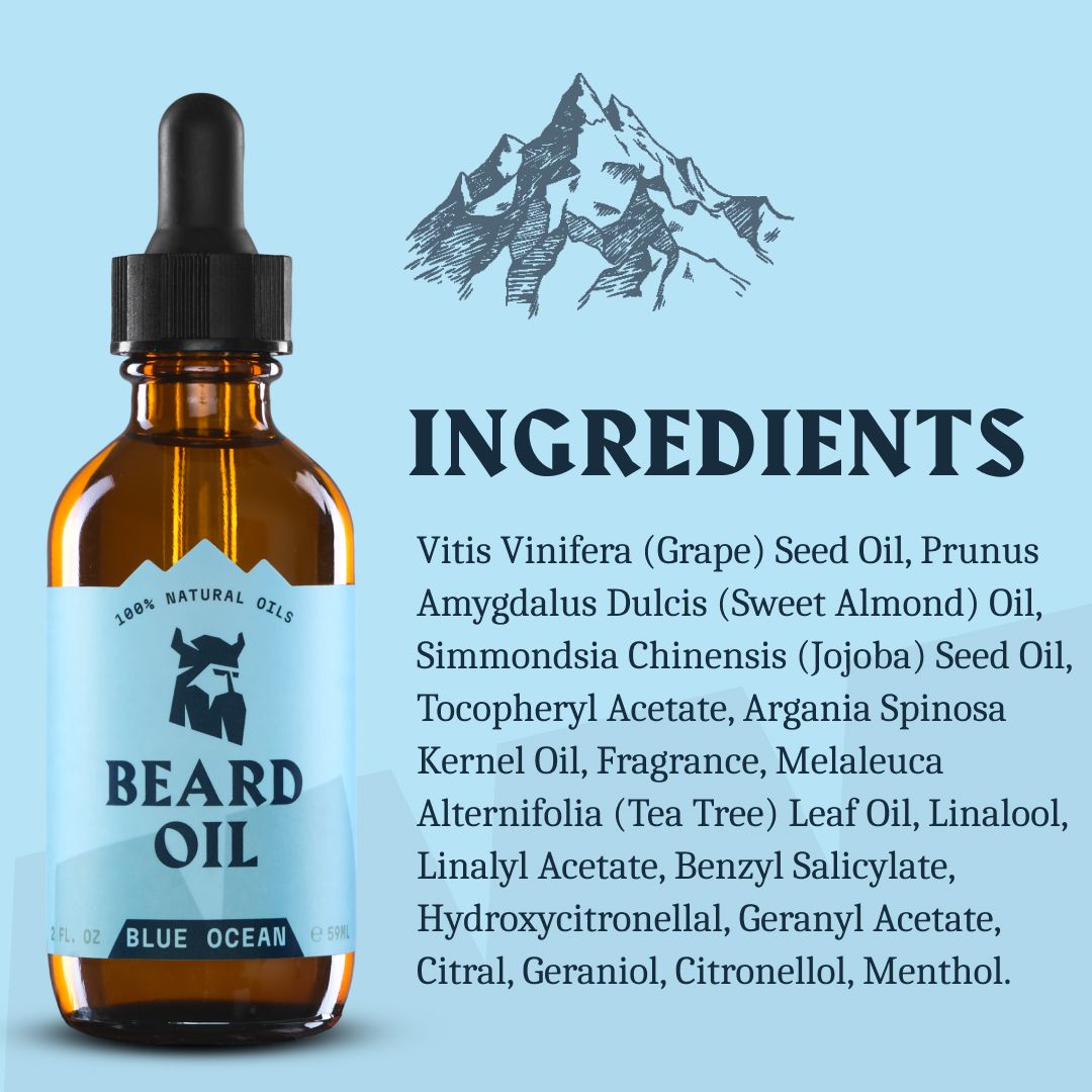 Huile à barbe Striking Viking 'Blue Ocean' avec liste d'ingrédients, flacon de verre brun avec pipette et motif de montagne.