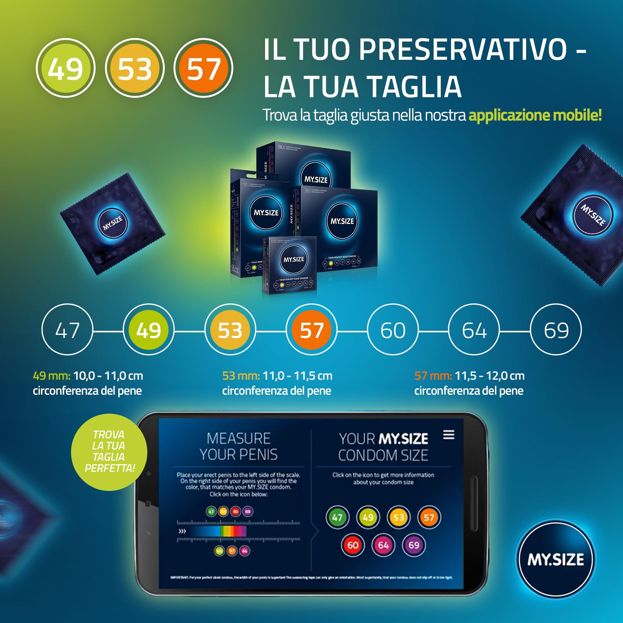 Smartphone toont een maatadvies voor MY.SIZE condooms. Maten 47-69mm. App-vermelding.