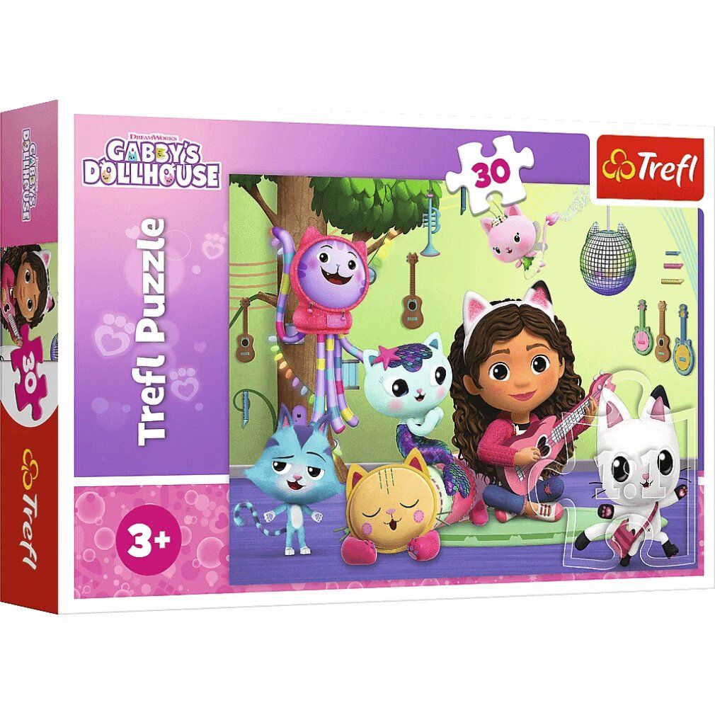 Puzzle Trefl, 30 pièces, emballage. Motif avec Gabby et personnages de chats. Logo et recommandation d'âge 3+.