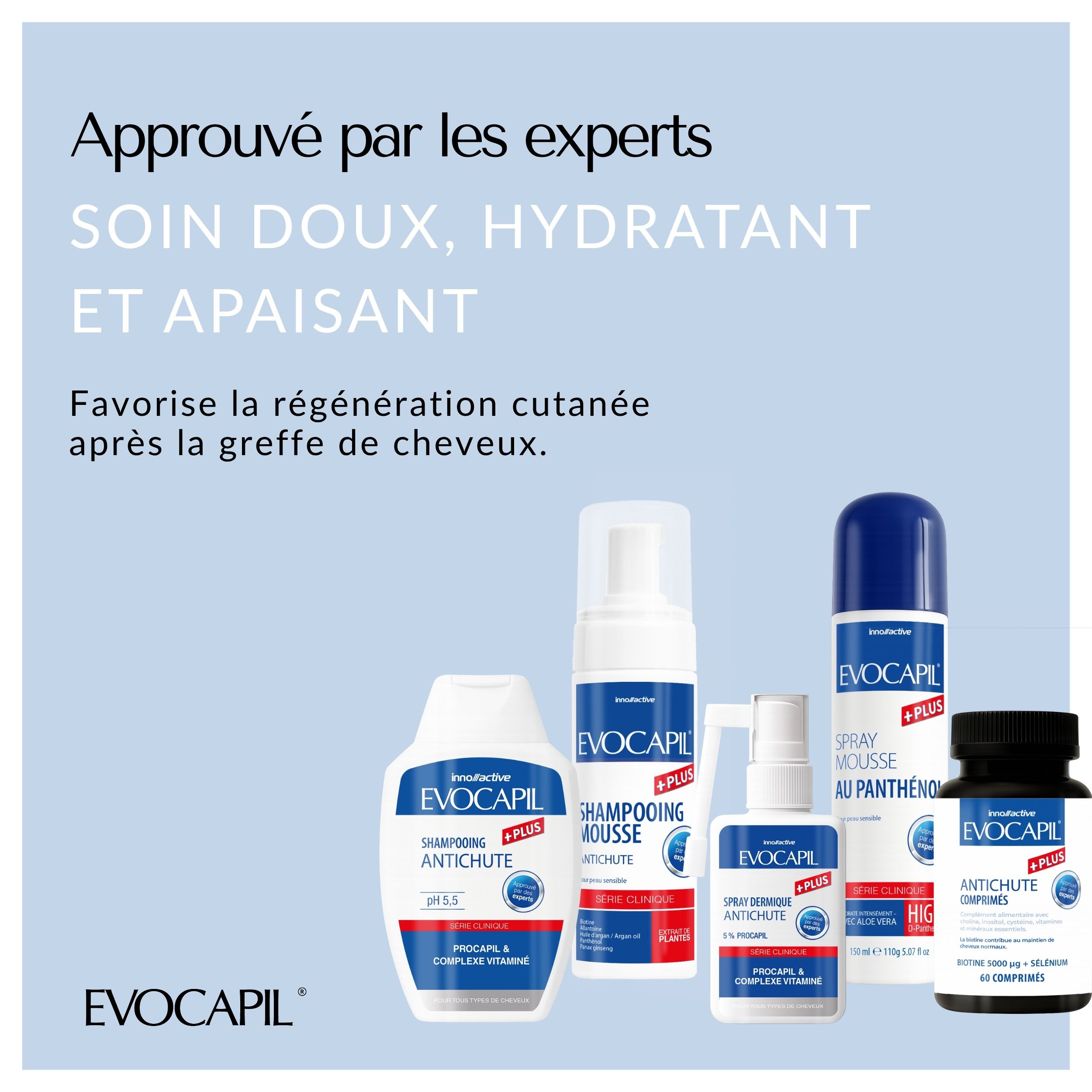 Différents produits: Shampooing, mousse, spray, comprimés. Texte: Approuvé par les experts, soin doux et hydratant.