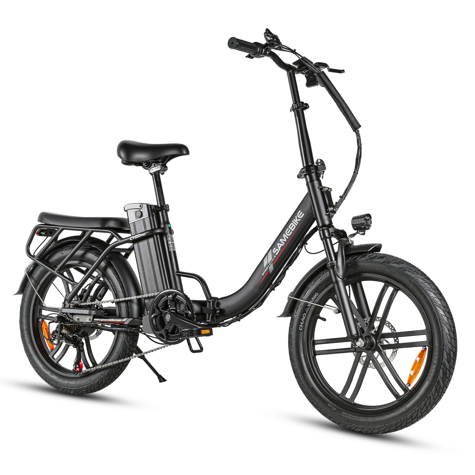Vélo électrique pliable noir. Porte-bagages, garde-boue, phare et batterie visibles. Marque : SAMEBIKE.