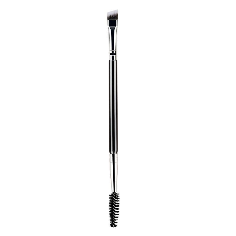 Brosse à sourcils double. Pinceau biseauté et poils en spirale. Manche argenté.