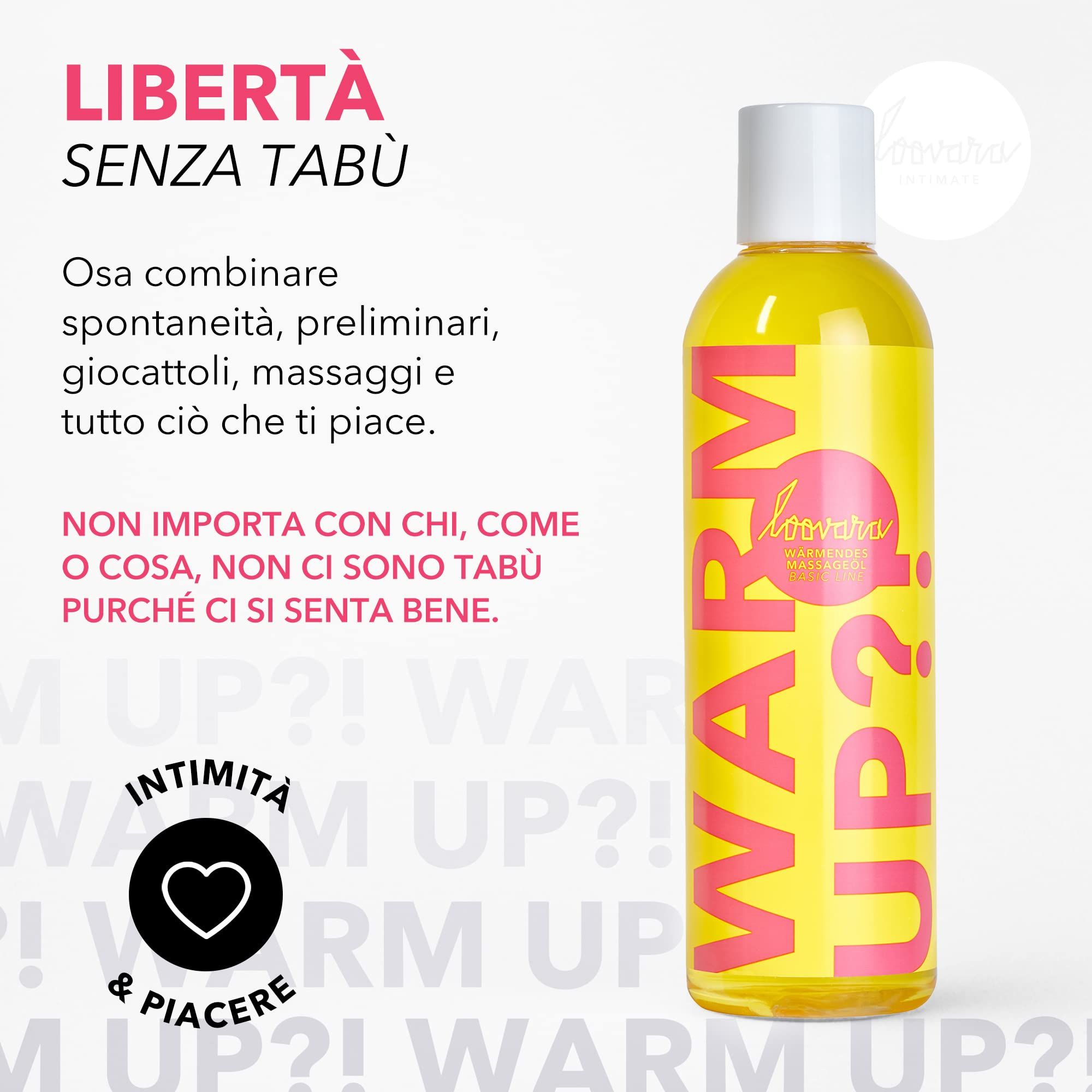 Bouteille d'huile de massage chauffante Loovara Warm Up?! Intimate sur fond jaune. Texte 'Libertà senza tabù'.