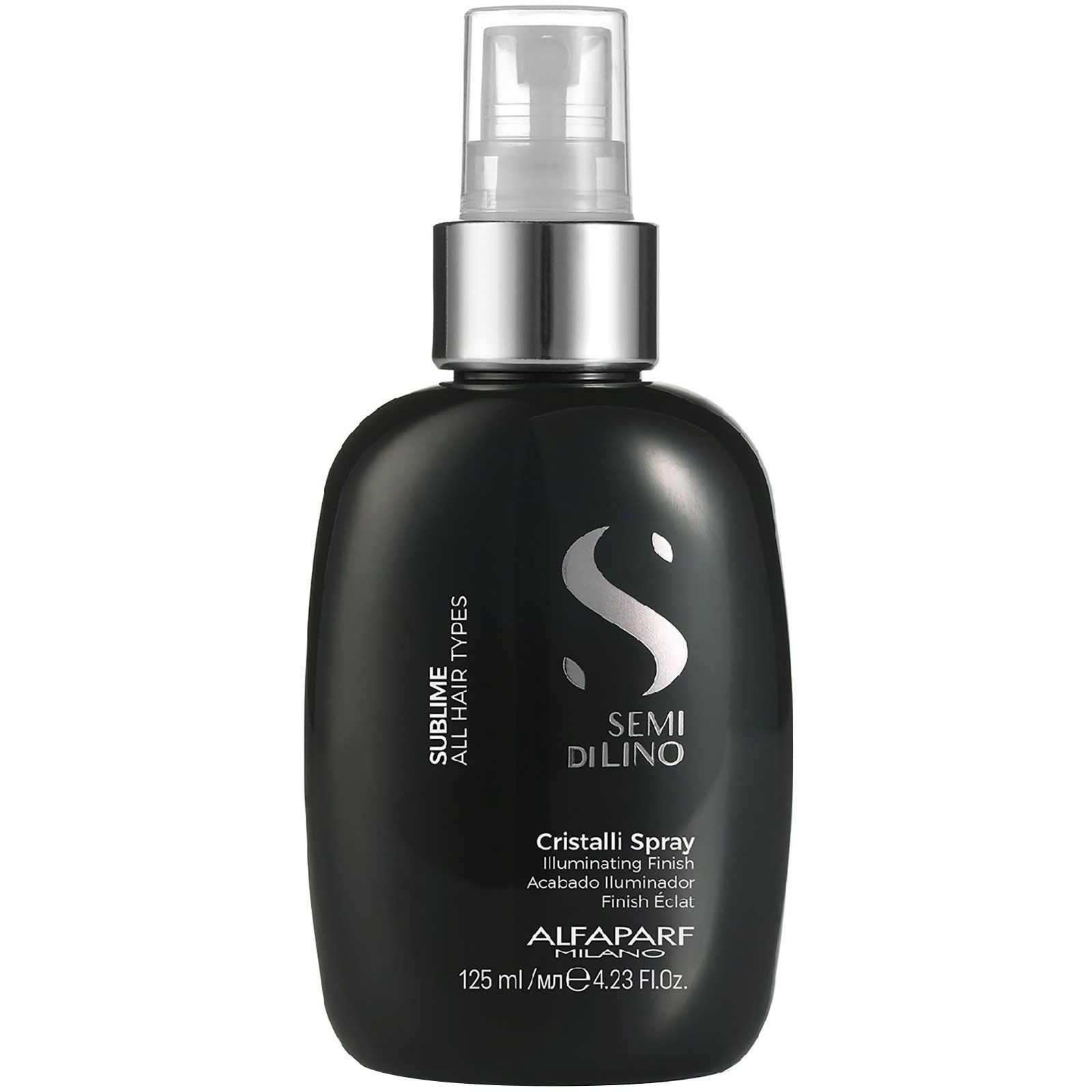 Zwarte spuitfles met zilveren dop. Bevat Semi di Lino Cristalli Spray.