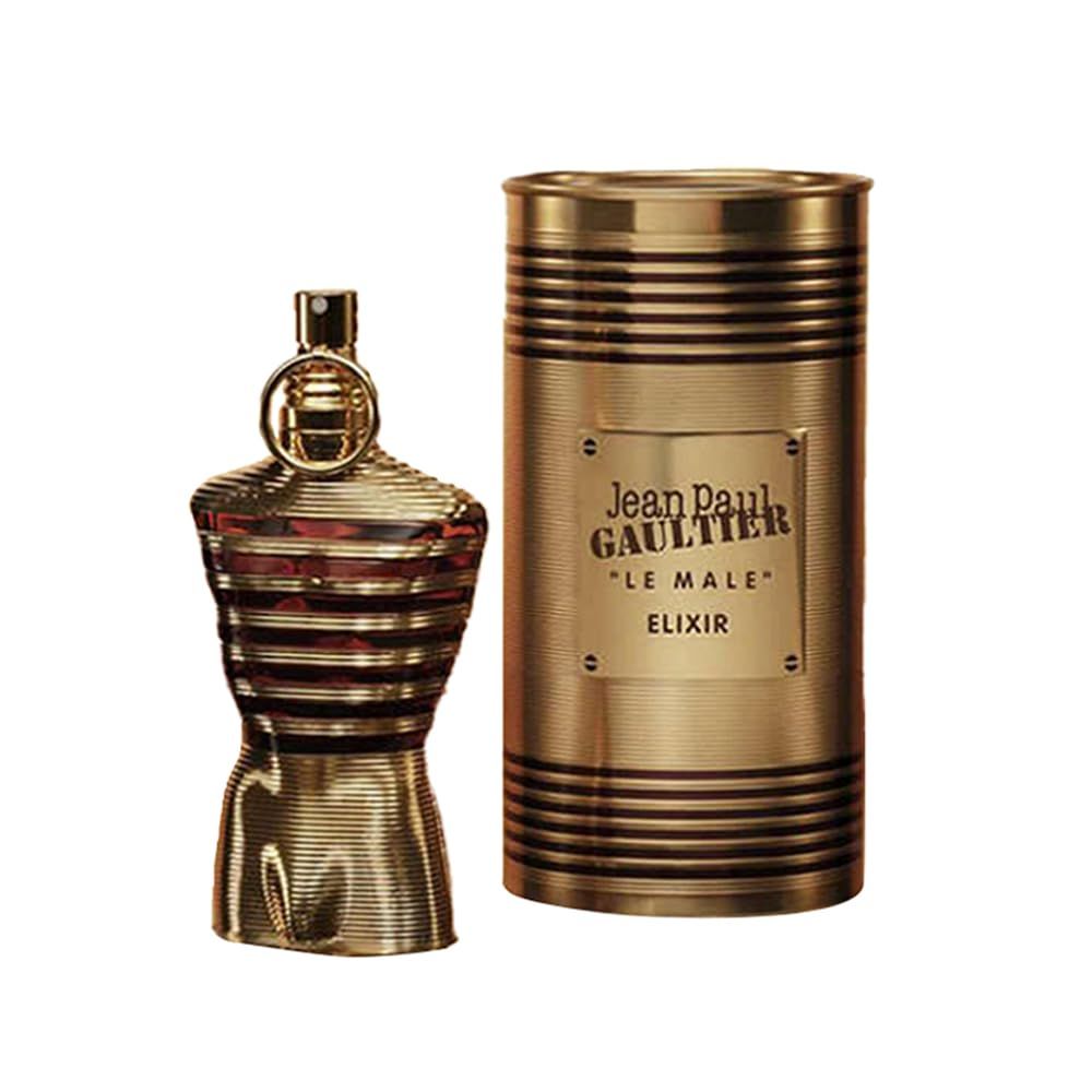 Flacon doré en forme de torse et emballage cylindrique. L'emballage porte la mention "Jean Paul Gaultier Le Male Elixir".