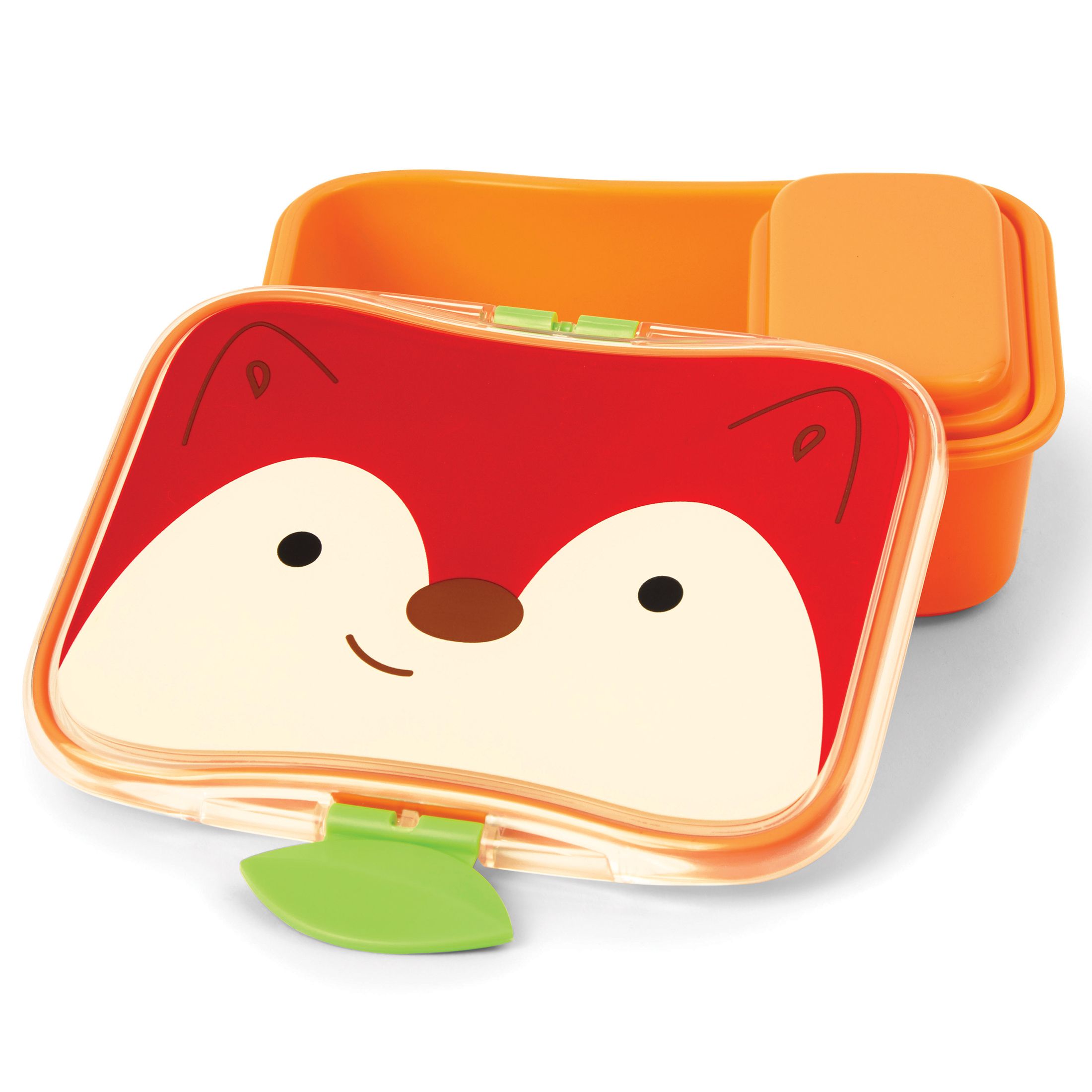 Lunchbox met vossendesign open. Oranje bakje met deksel en apart bakje. Groene sluiting.
