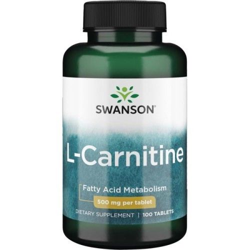 Groene fles met L-Carnitine 500 mg tabletten van Swanson. Bevat 100 tabletten.