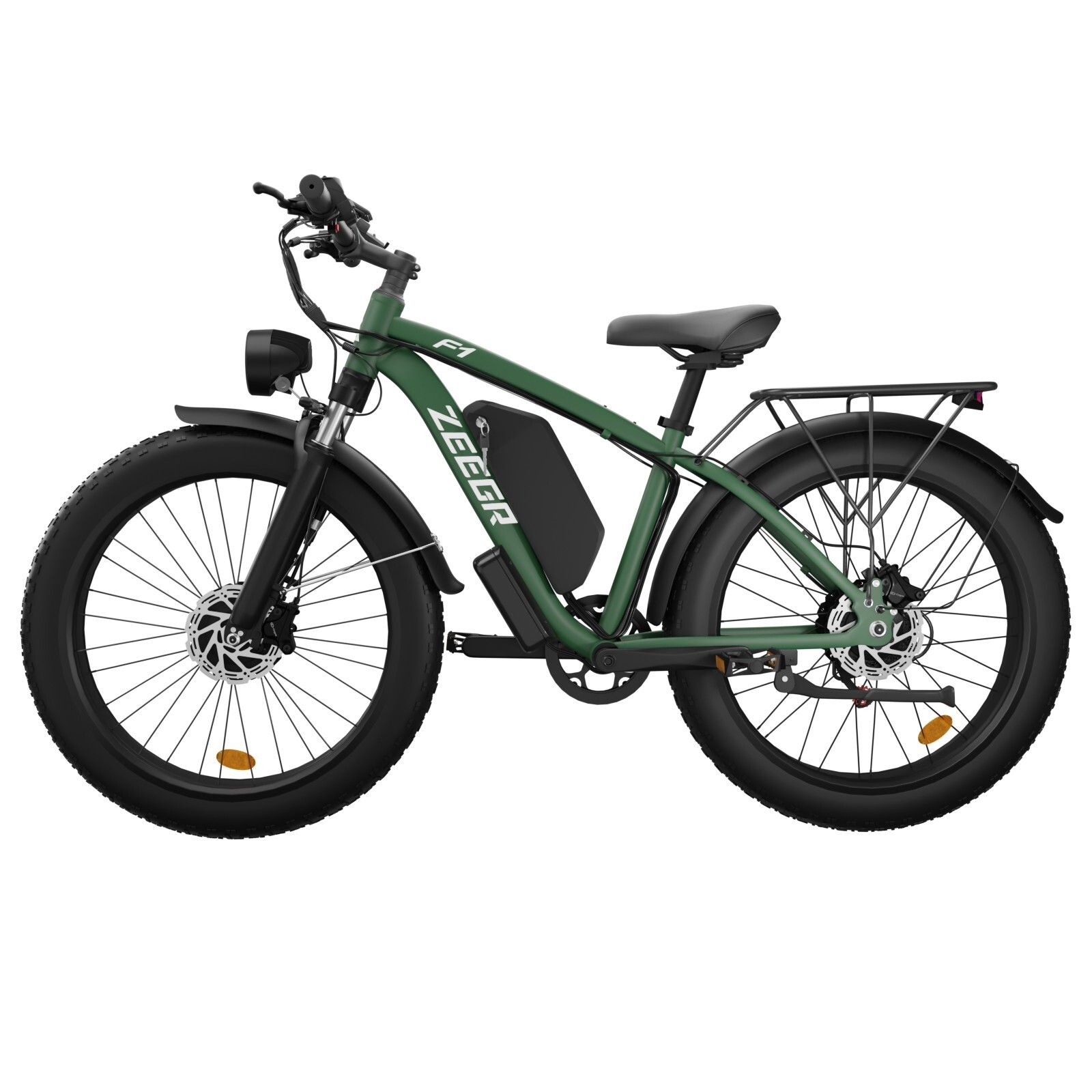 Vélo électrique vert avec pneus larges, phare avant, porte-bagages et batterie. Marque : ZEEGR.