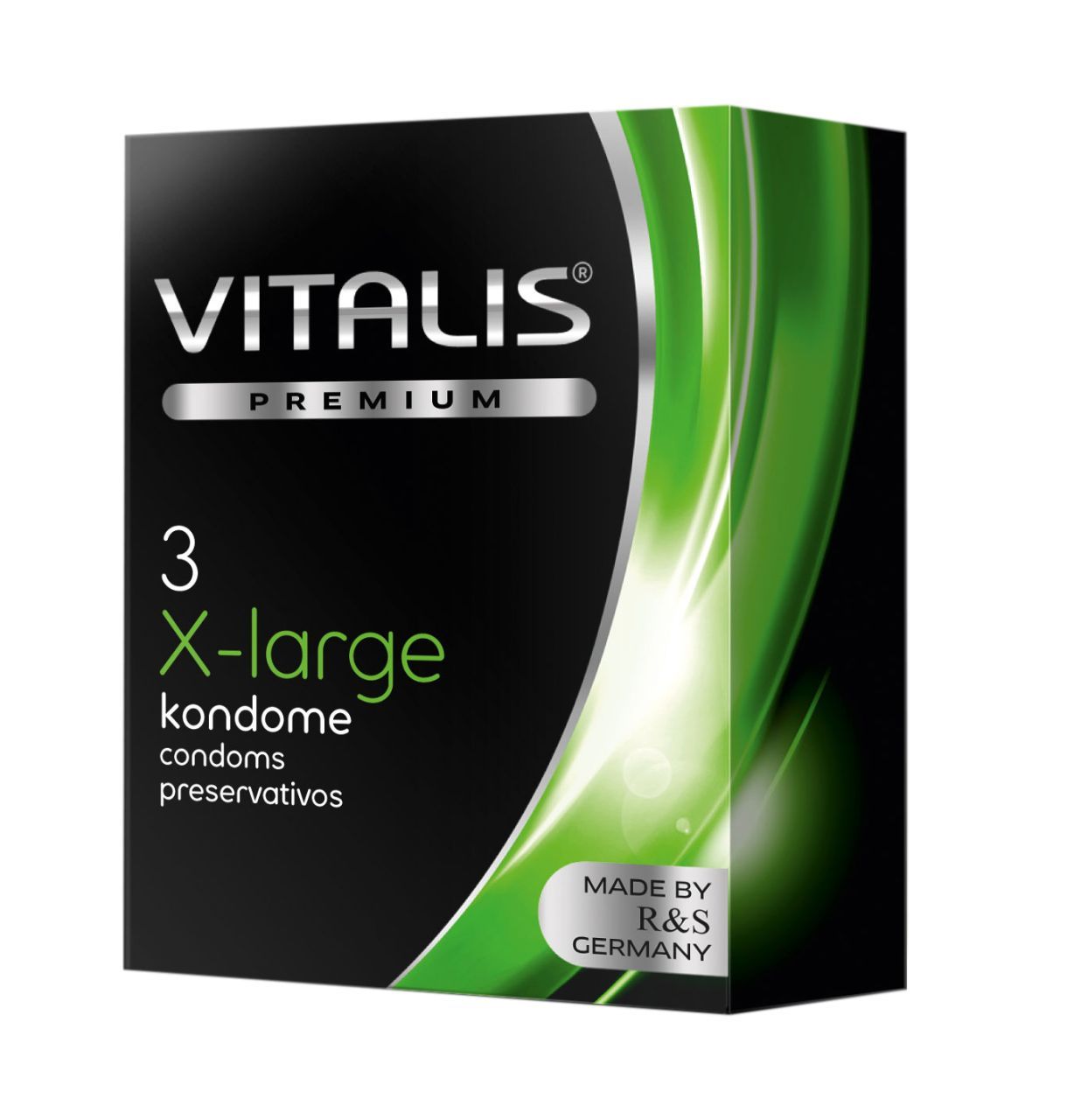 Zwarte verpakking "VITALIS PREMIUM". "3 X-large condooms". Groene gradiënt. "MADE BY R&S GERMANY".
