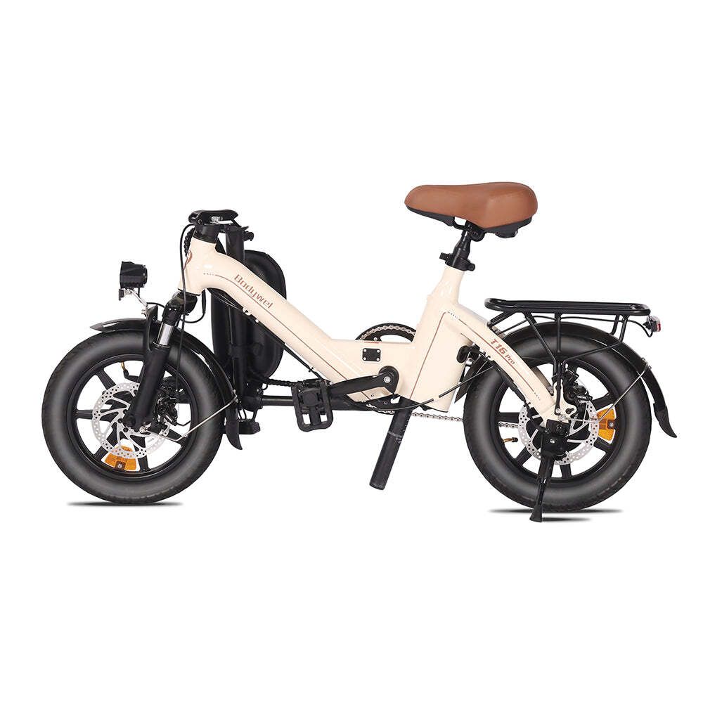 Opvouwbare elektrische fiets, crème, zwarte banden, bruin zadel. Bagagedrager, spatborden, schijfremmen. Opschrift T16 Pro.
