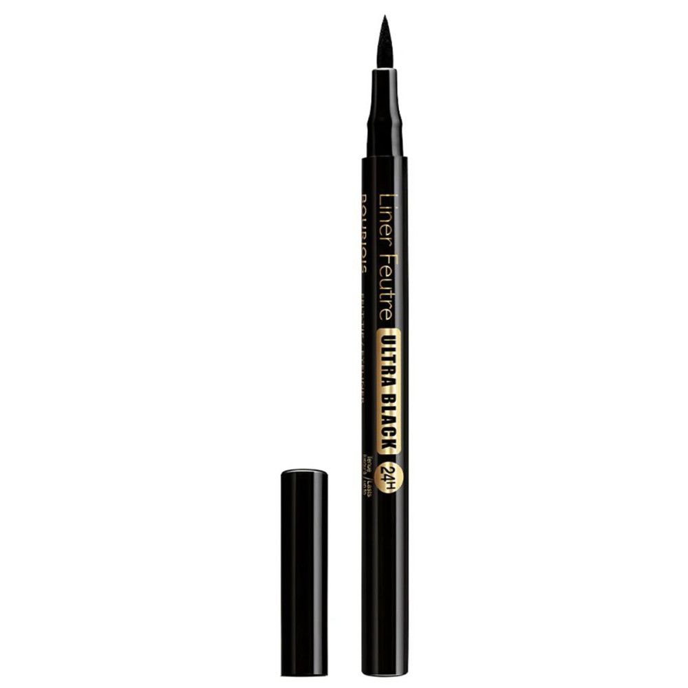 Stylo eye-liner noir avec capuchon ouvert. Inscription : Liner Feutre Ultra Black. Pointe visible.