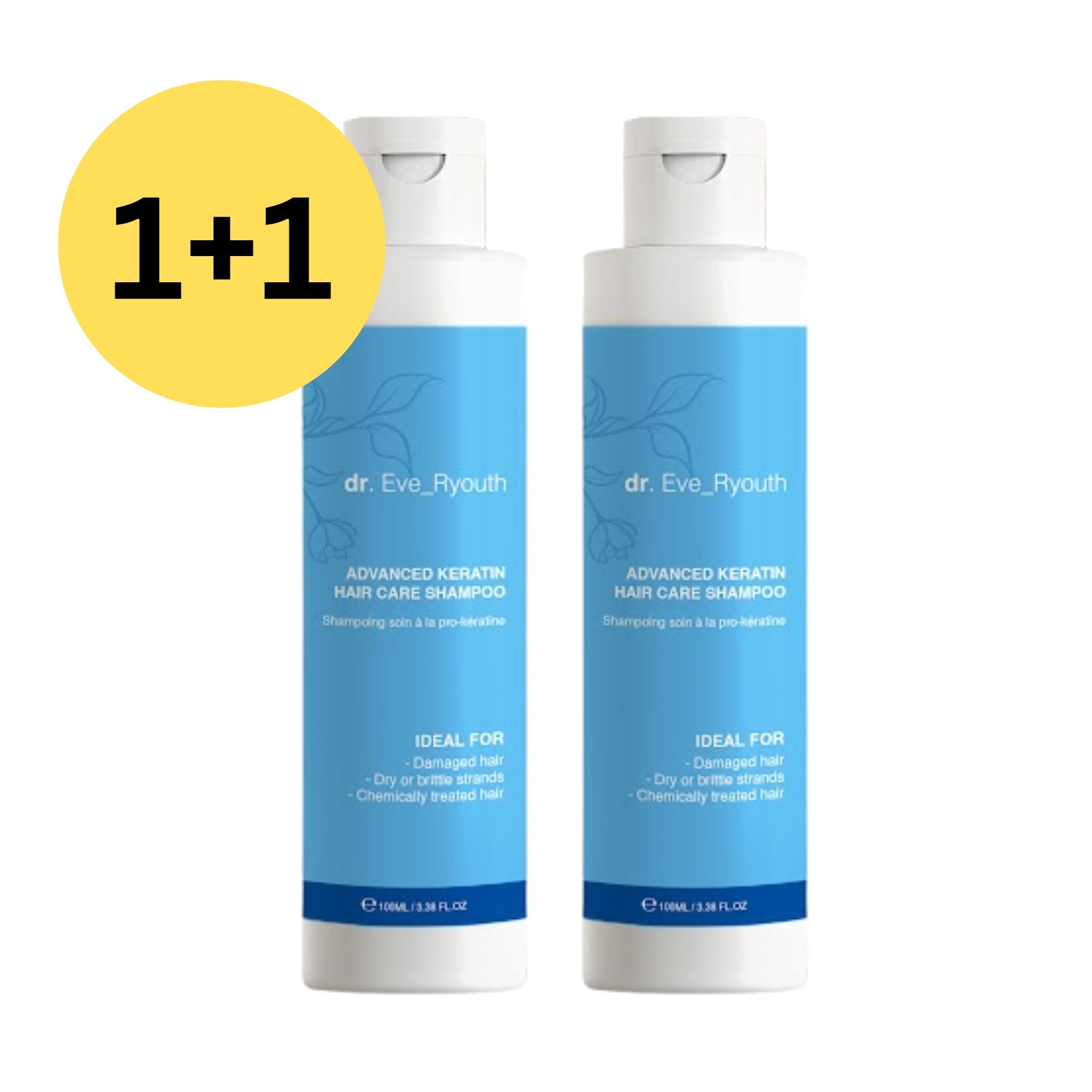 Twee flessen Dr. Eve_Ryouth Advanced Keratin Shampoo, ideaal voor droog, beschadigd haar. "1+1" aanbieding is uitgelicht.