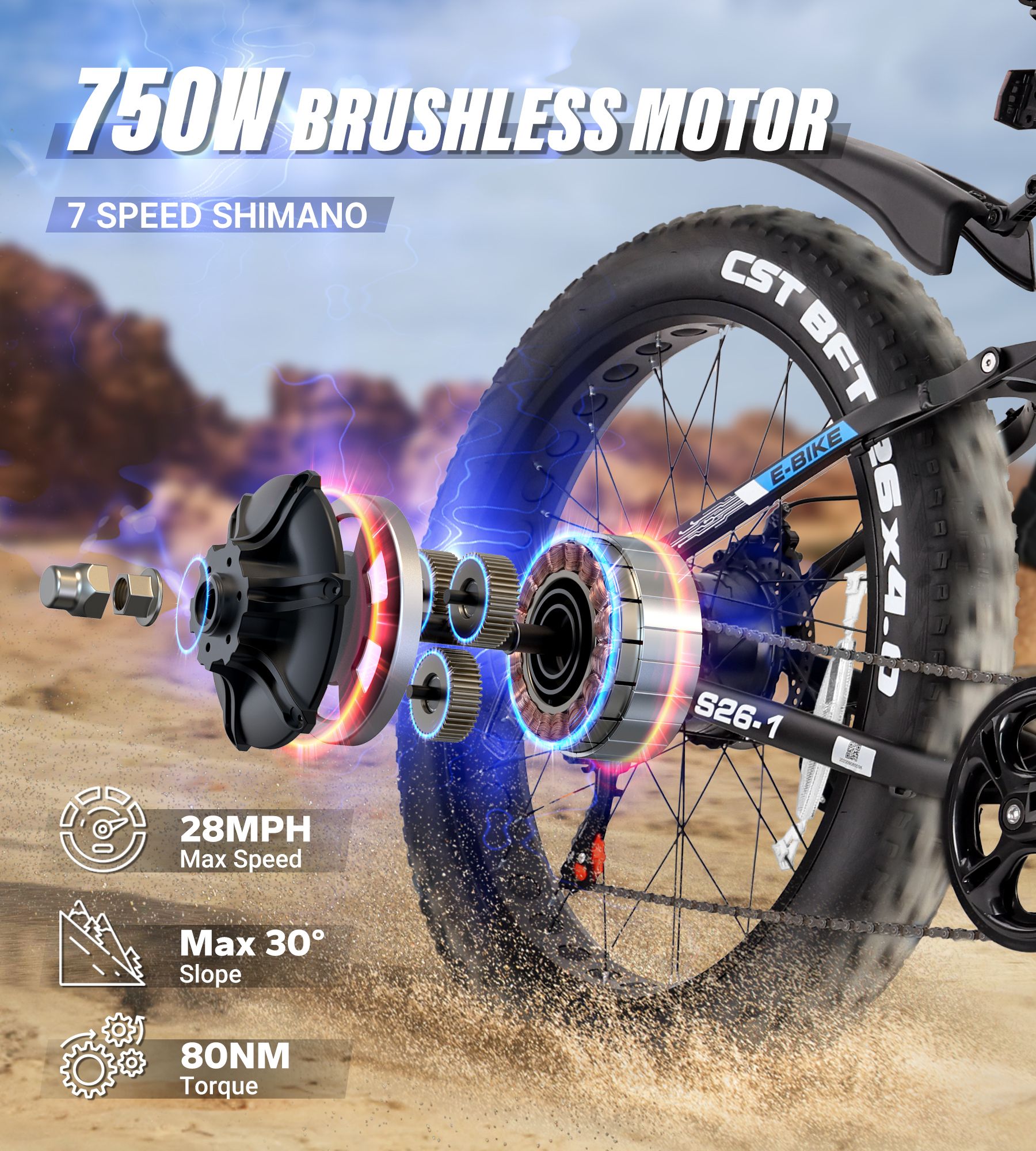 750W borstelloze e-bike motor. 7-speed Shimano. 28MPH max. 30° helling. 80NM koppel.