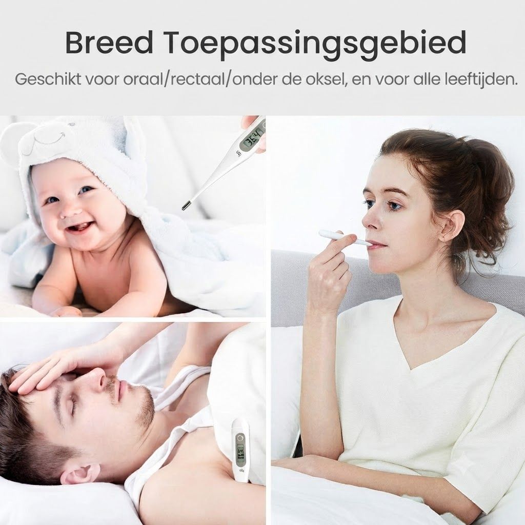Digitale thermometers met display gebruikt door een baby, vrouw en man.